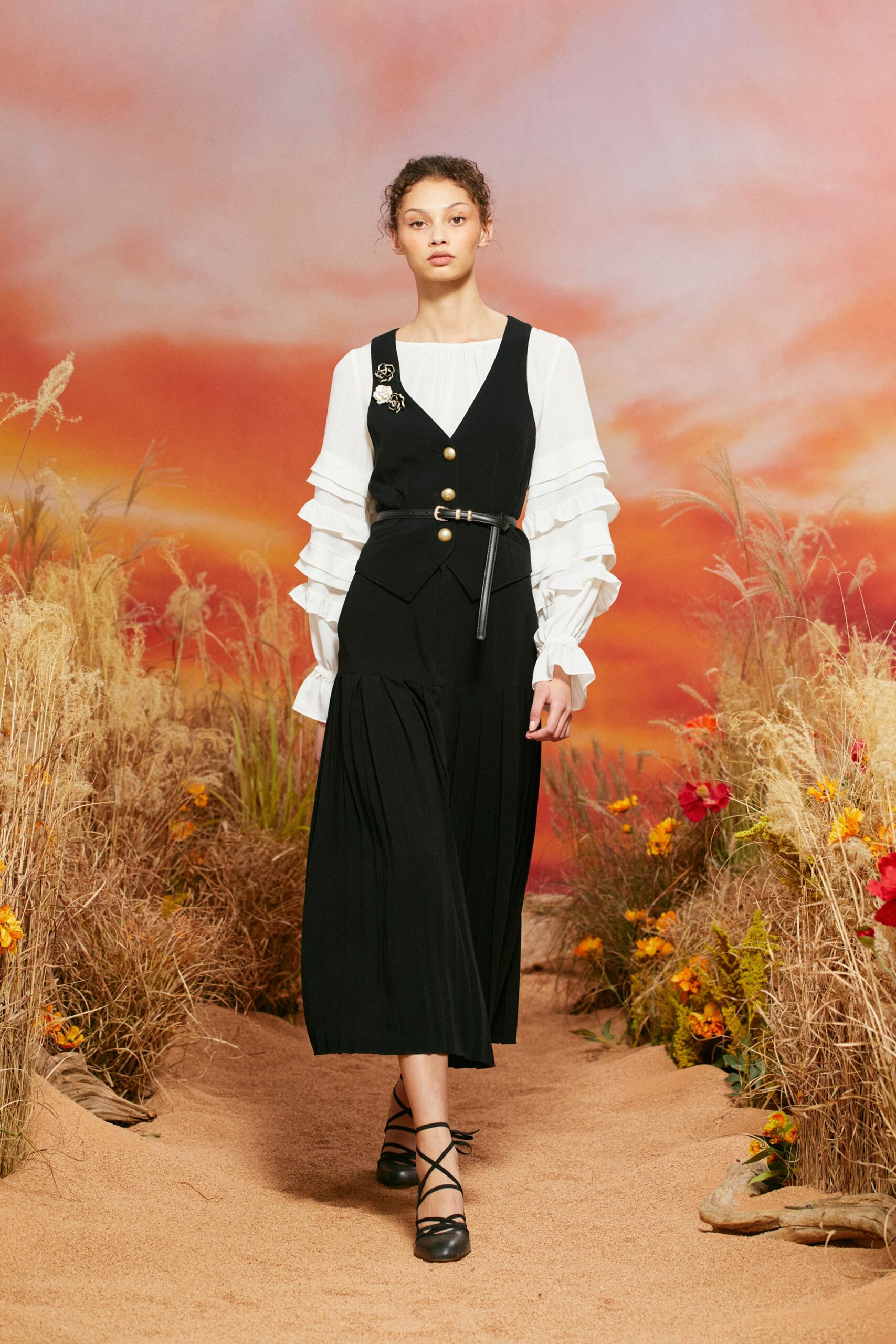 white cotton long-sleeve collared fitted ruffled top