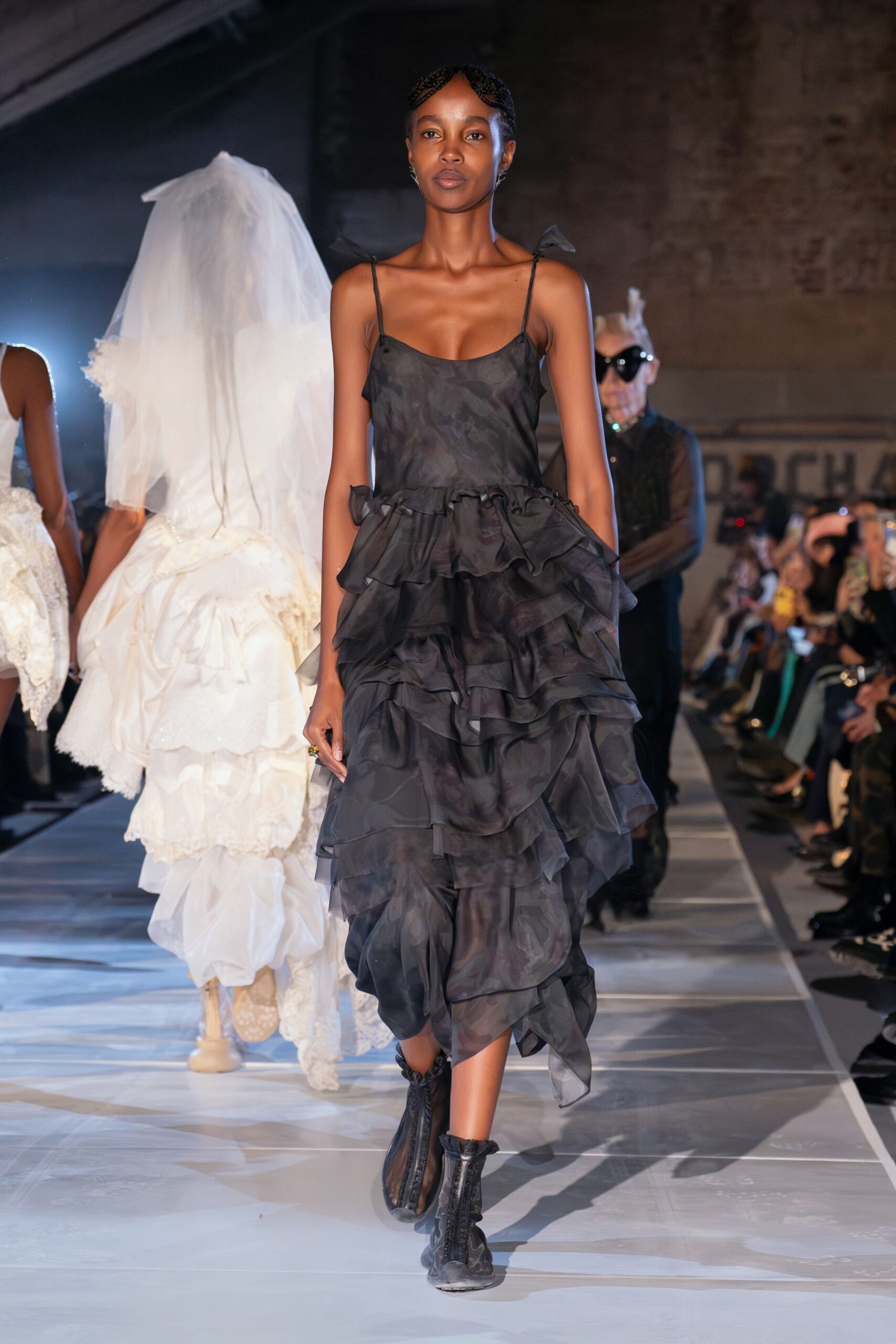 black ruffled midi dress with boots