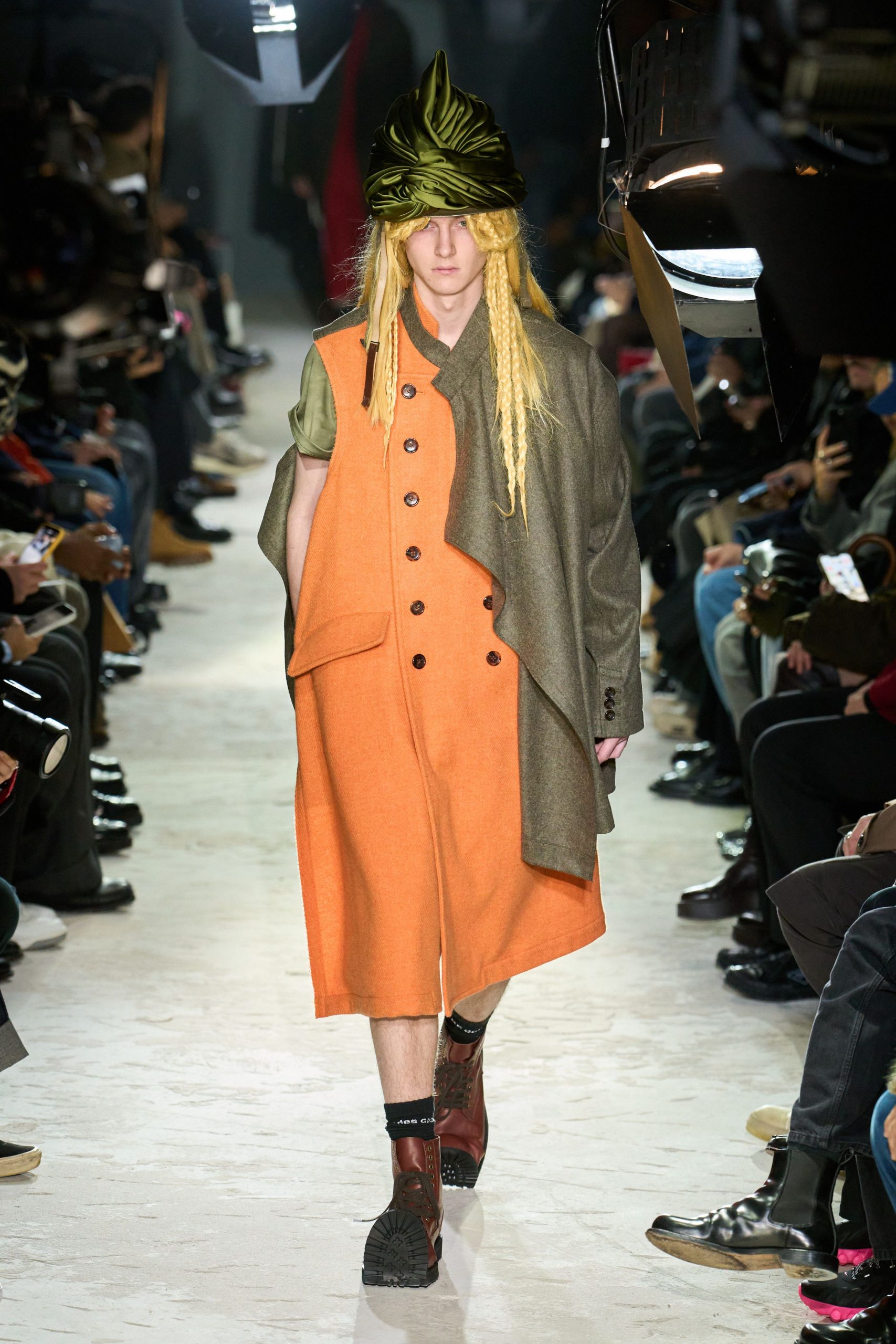 orange wool sleeveless collared relaxed buttoned layered dress