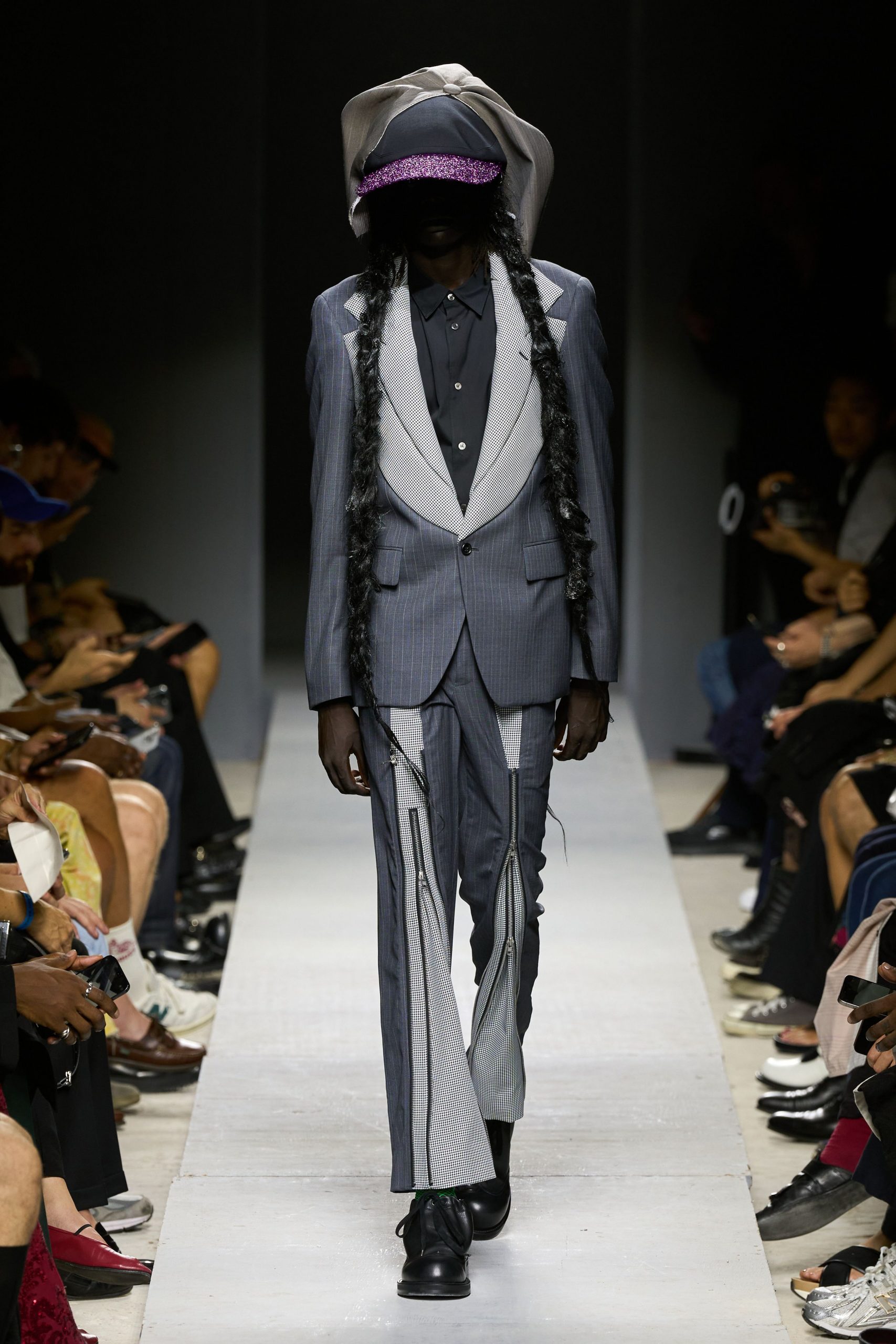 gray tailored suit with hat