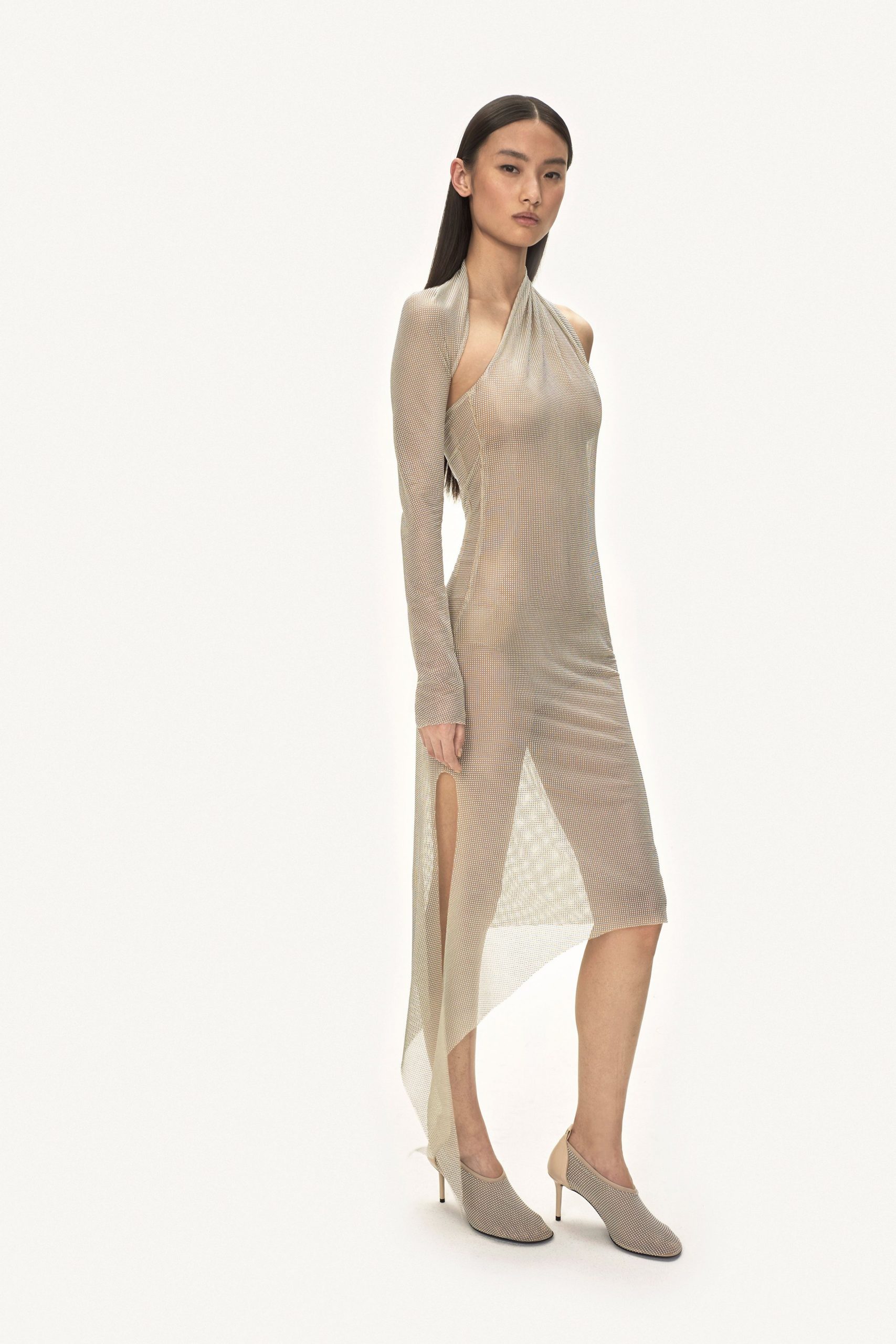 beige mesh fitted dress and shoes