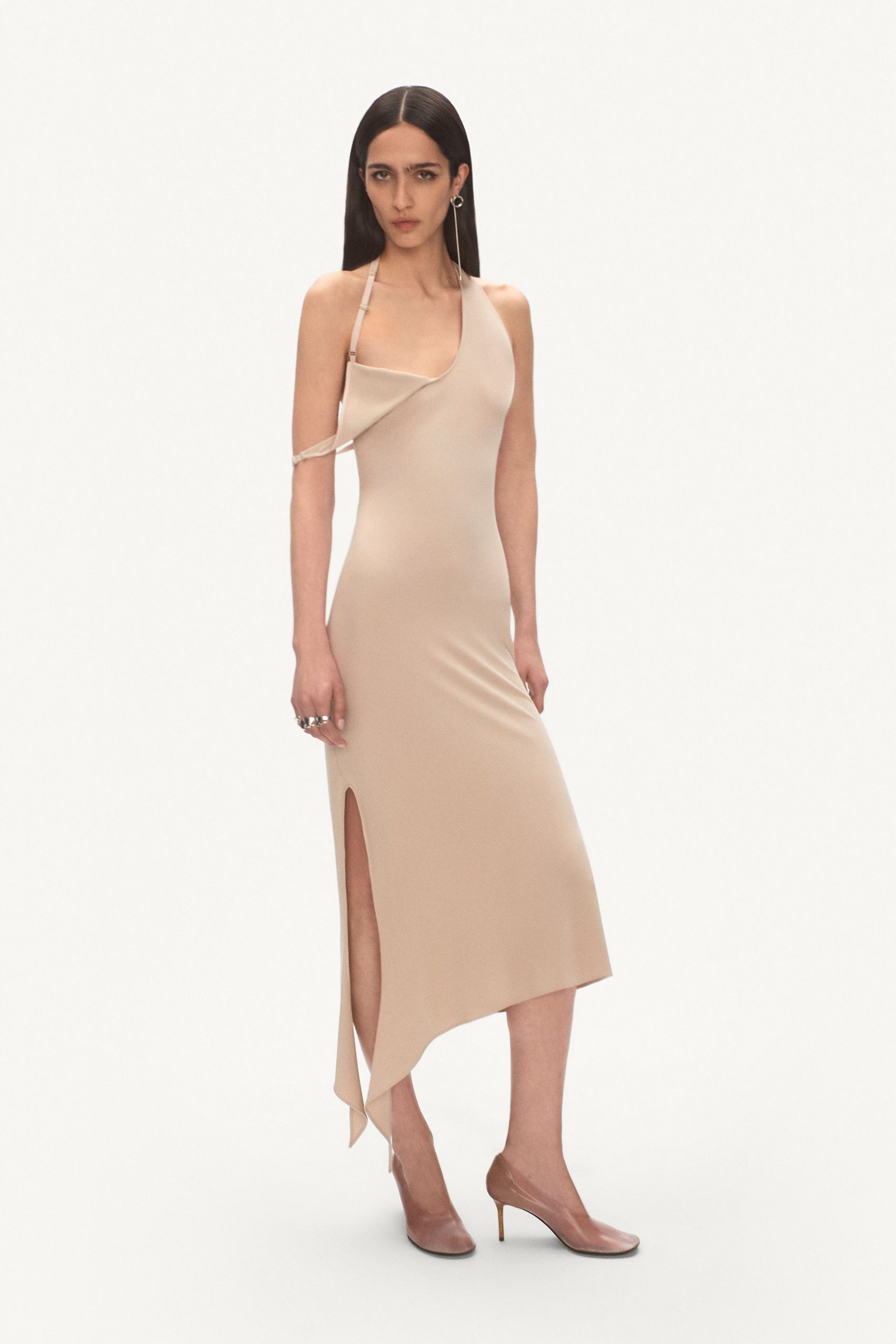 beige fitted midi dress with slit