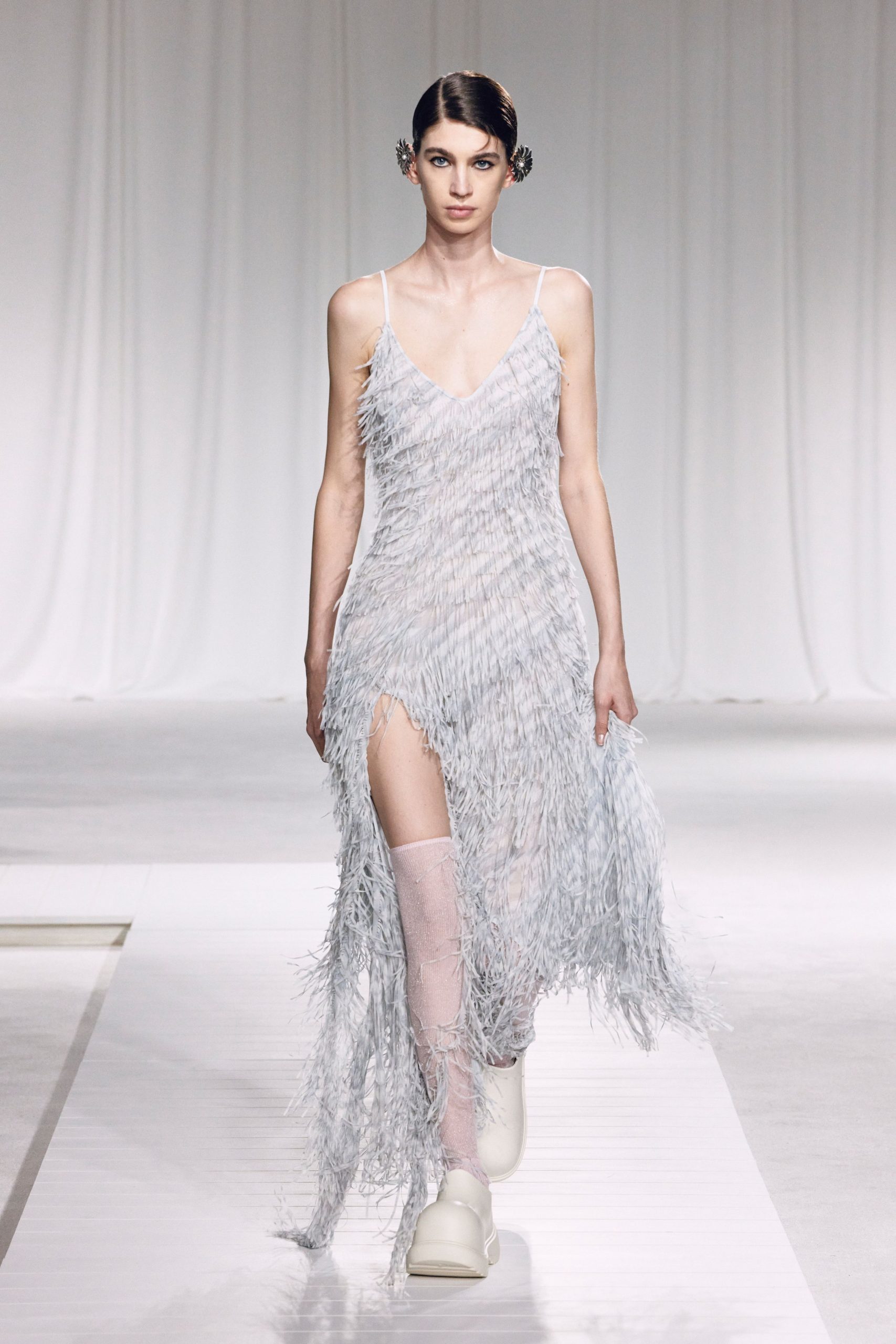 white fringed midi dress with shoes