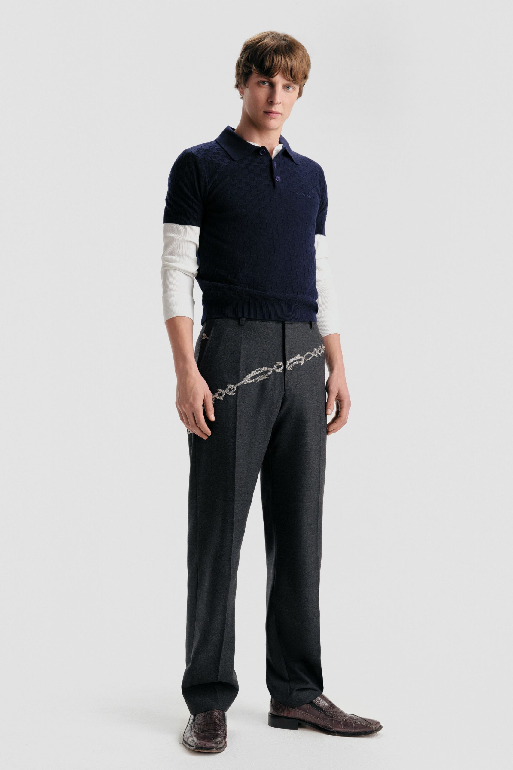 navy shirt gray tailored pants