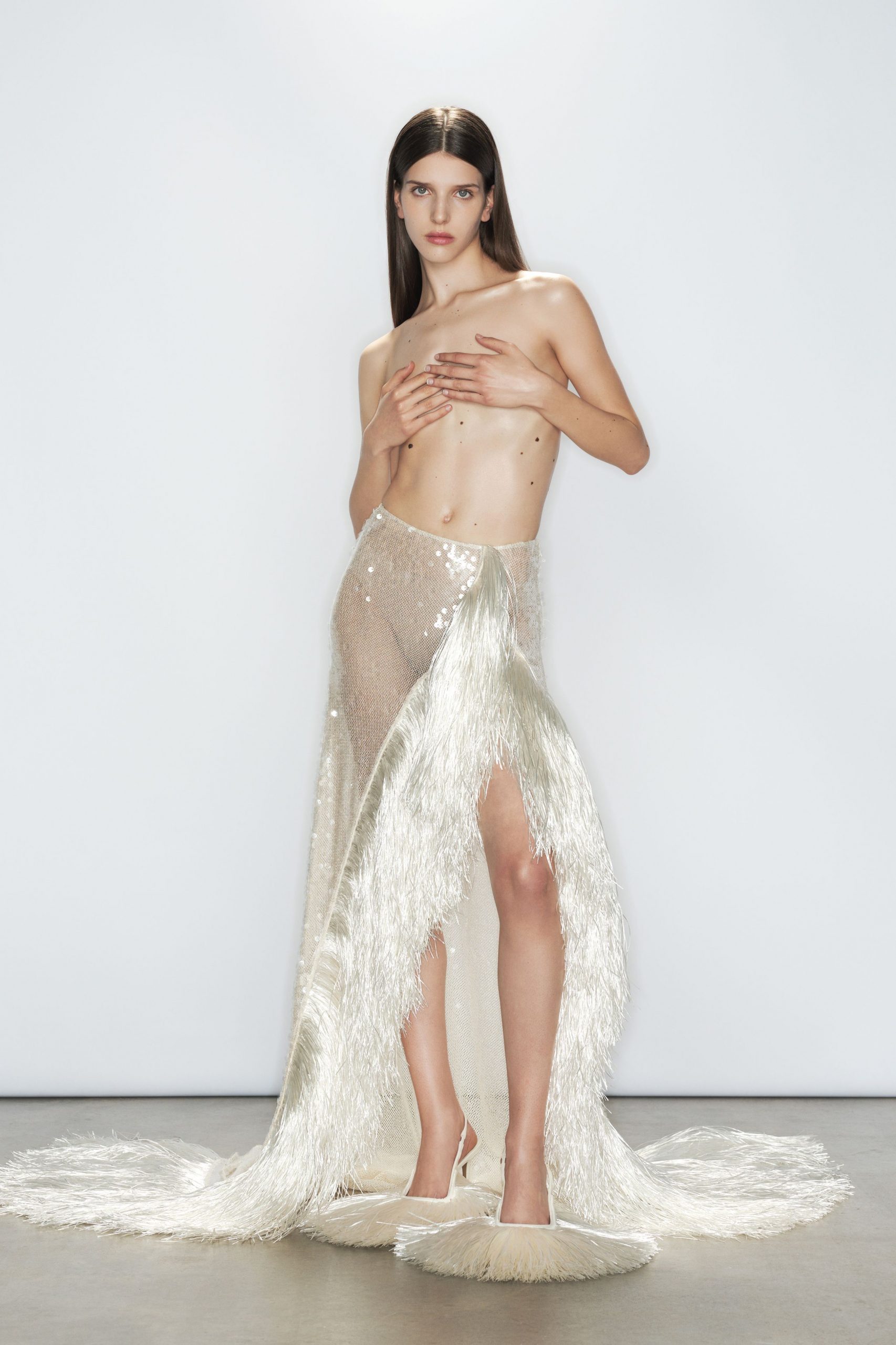 ivory silk fringed gown