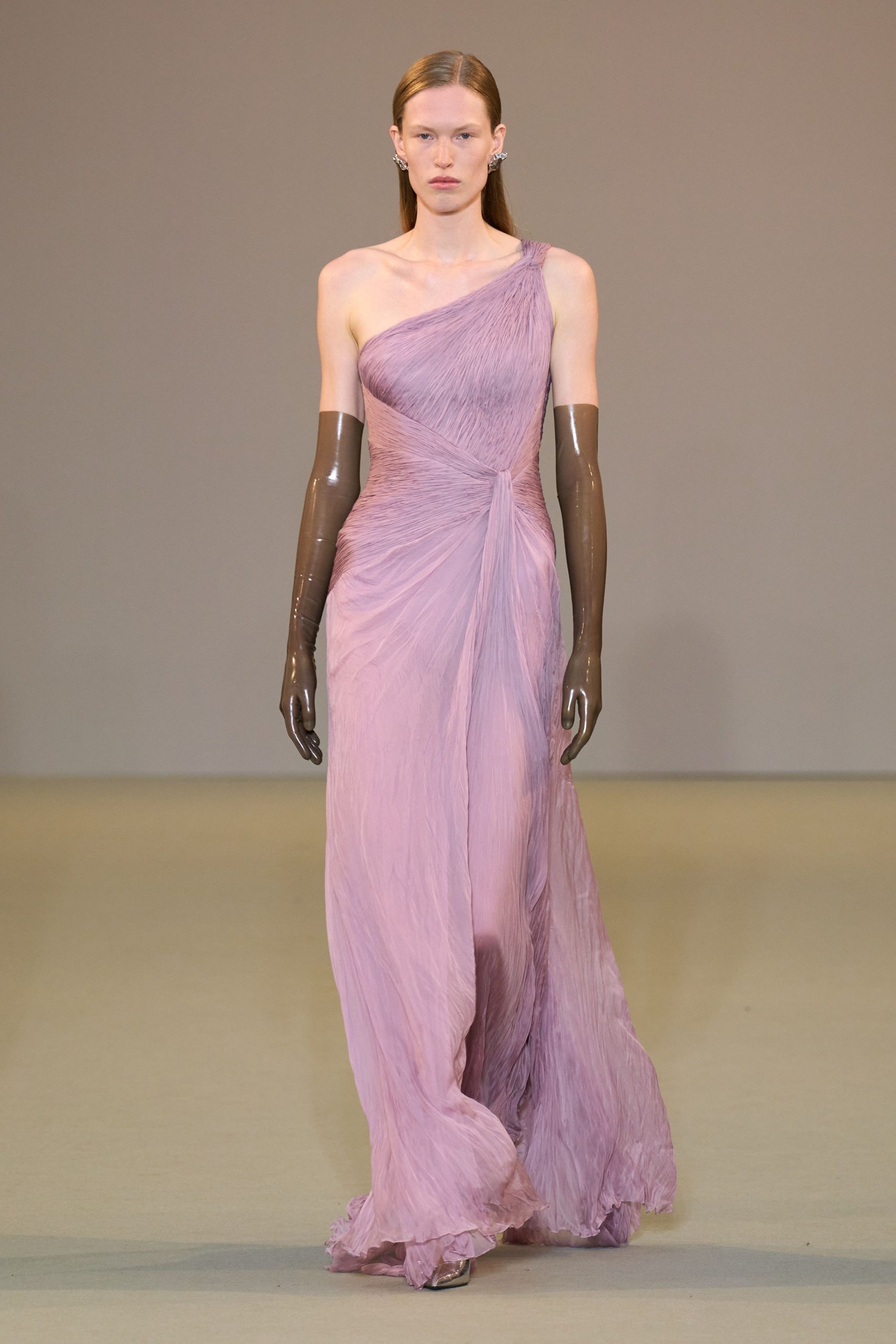 pink silk draped gown with gloves
