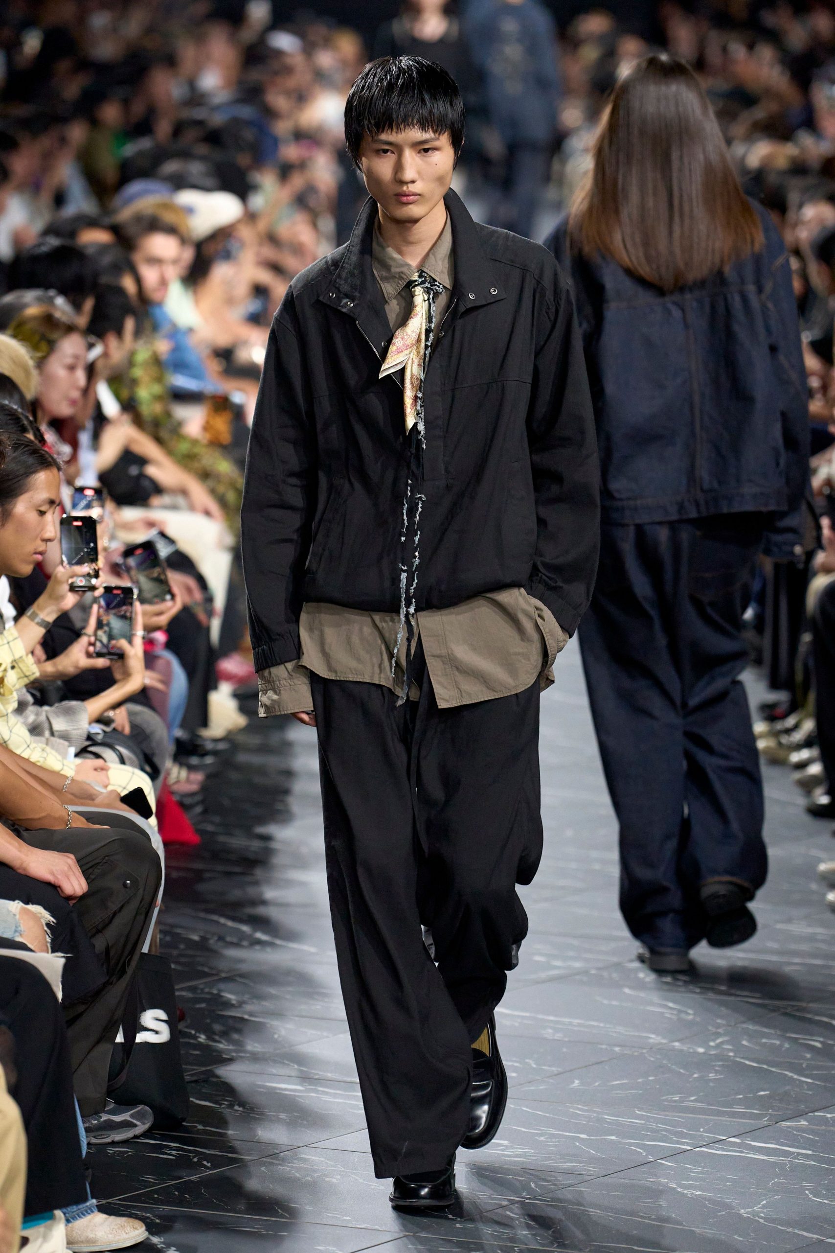 black relaxed jacket with beige shirt