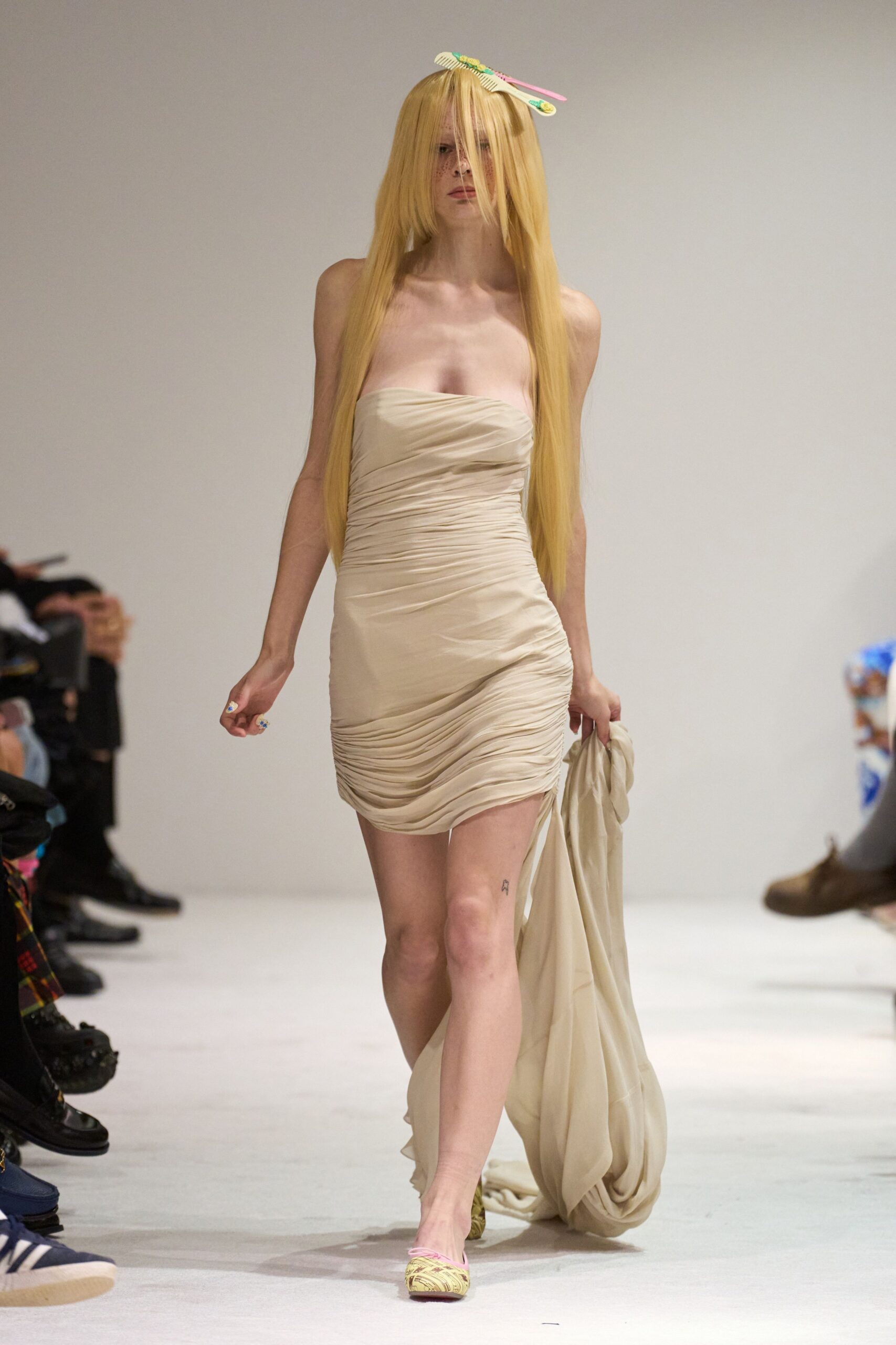 fitted beige silk mini dress
