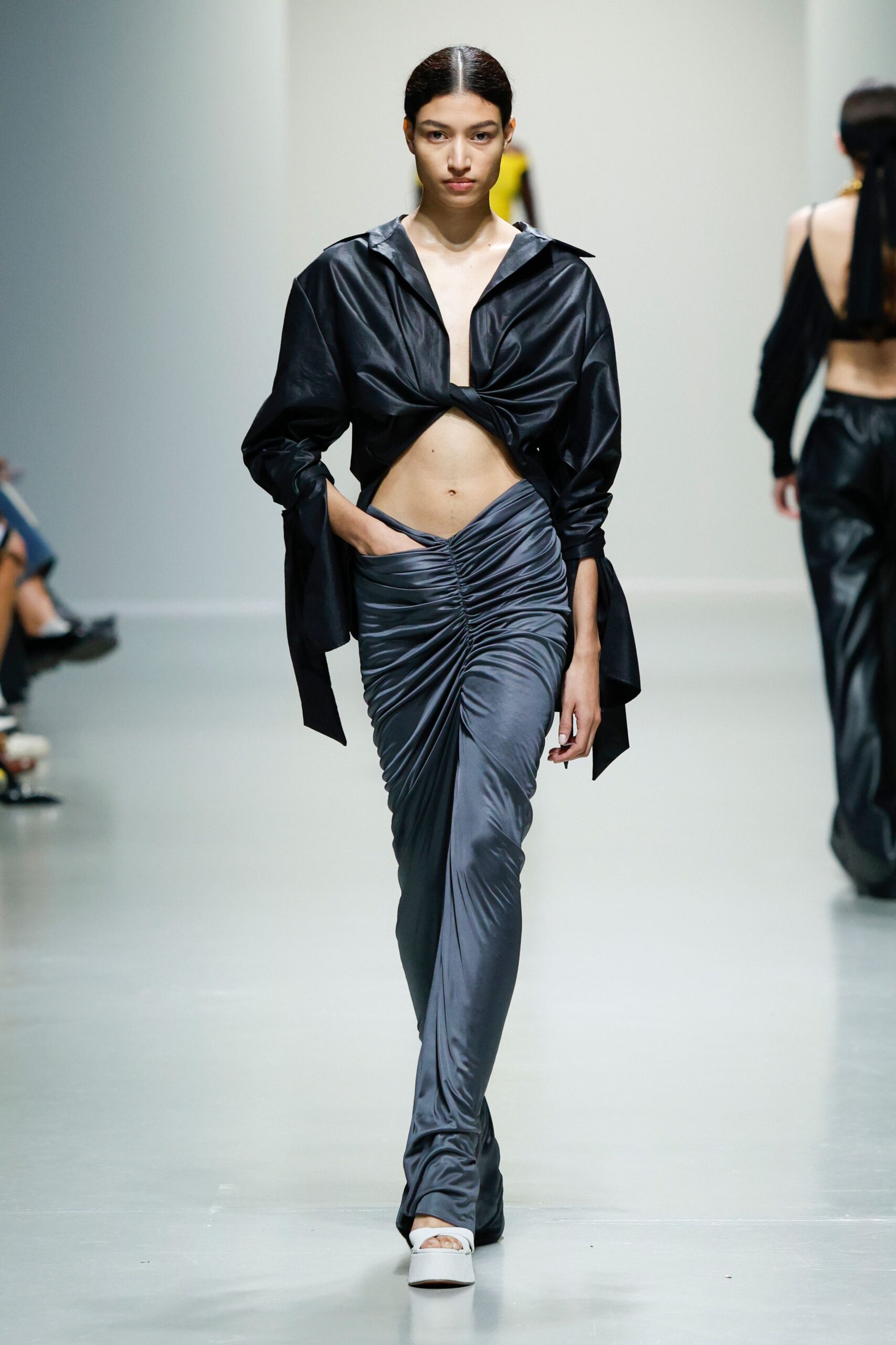 black silk long-sleeve collared fitted draped shirt