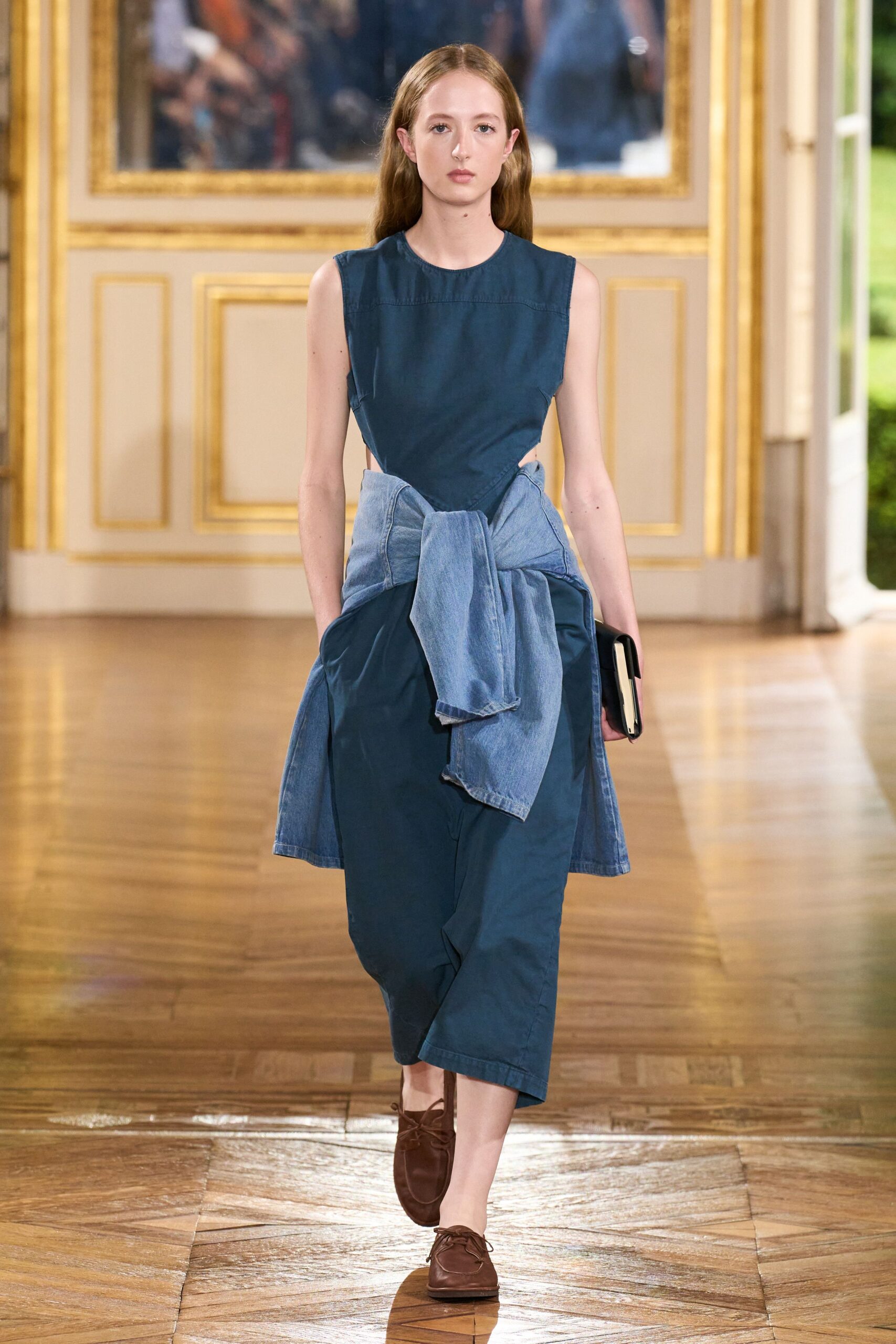 blue cotton midi dress with denim jacket