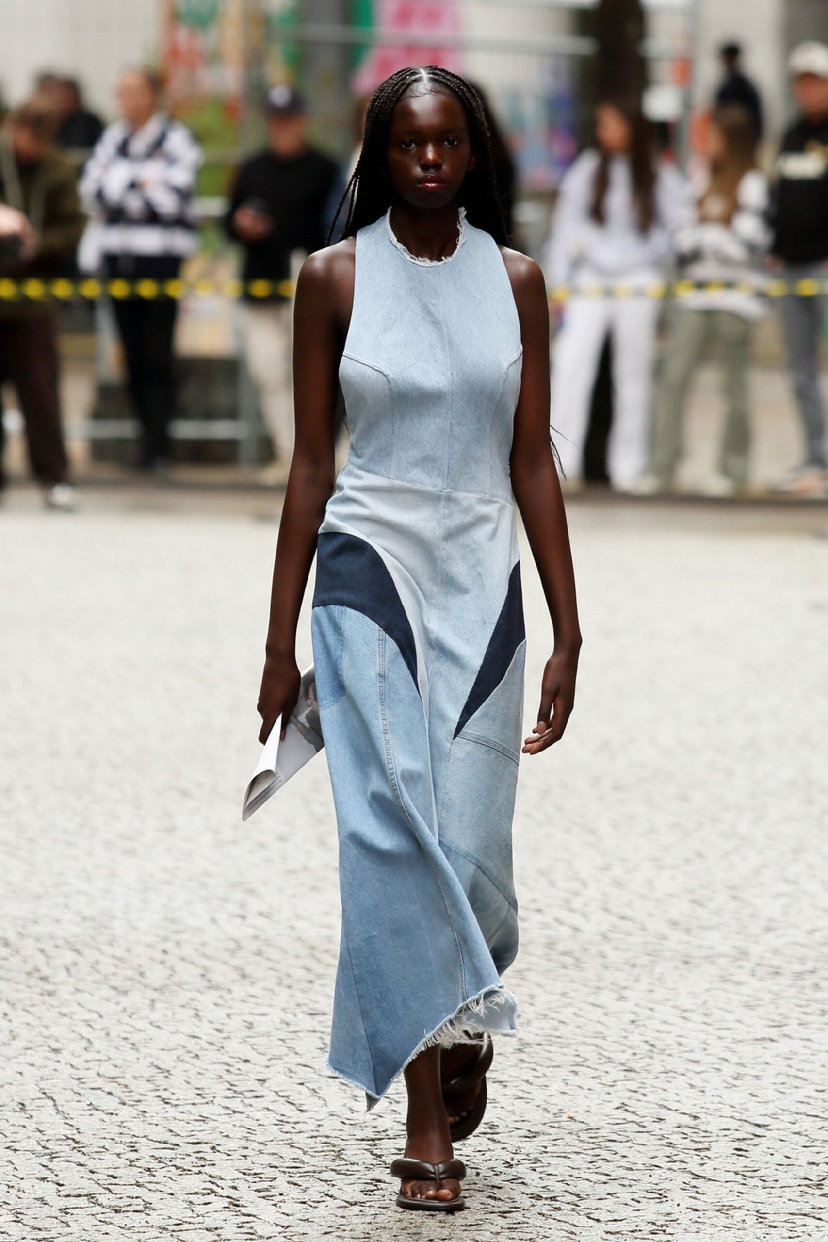 blue denim sleeveless high-neck fitted fringed color-blocked dress