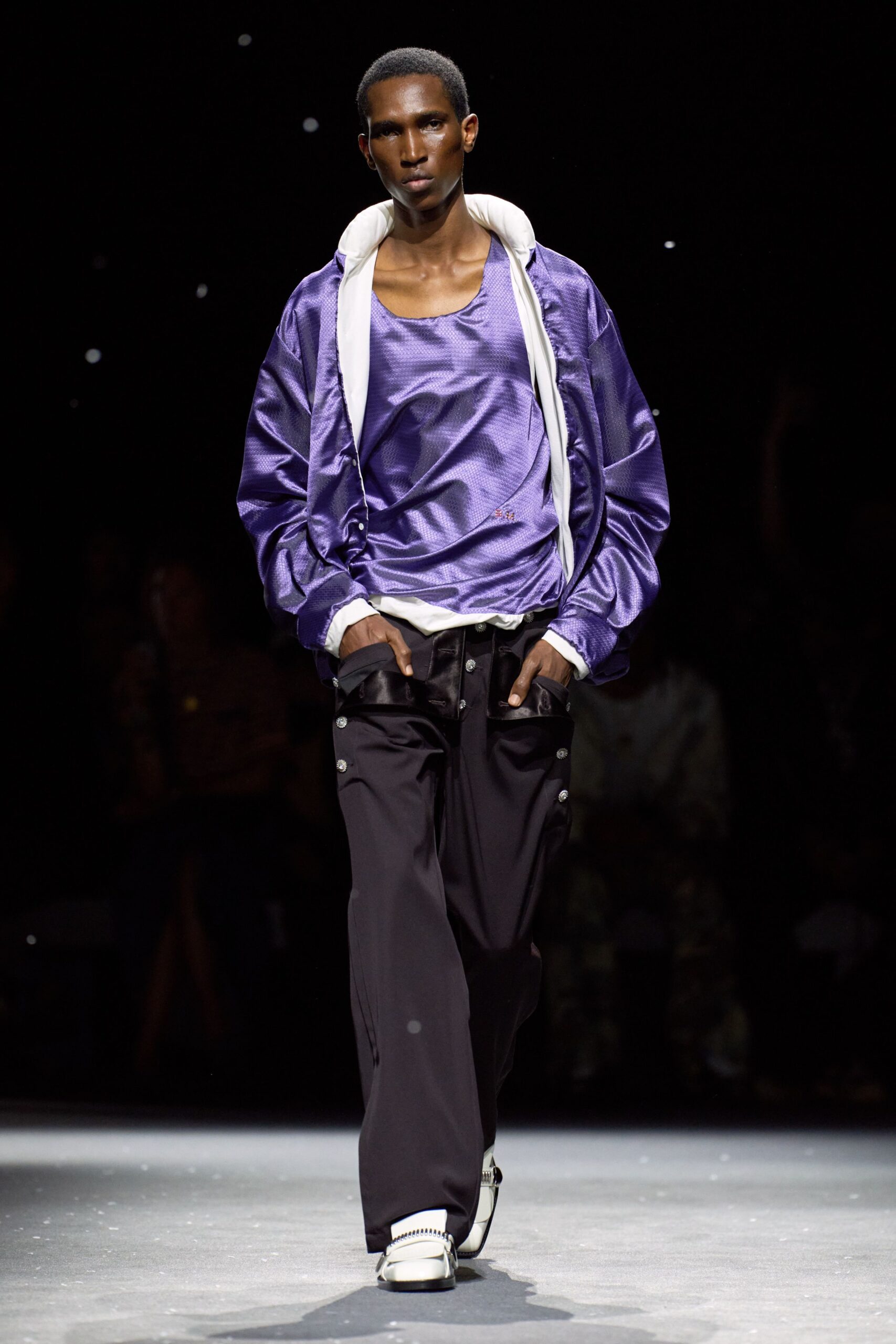 purple satin sleeveless high-neck fitted shiny top