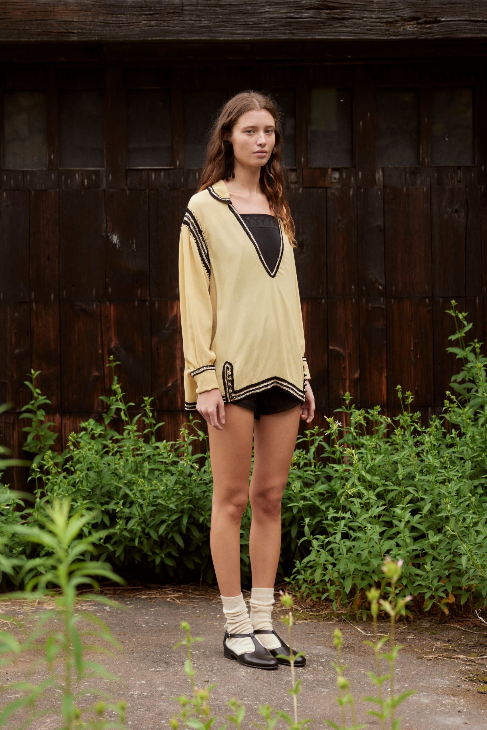 yellow cotton long-sleeve collared relaxed embroidered shirt