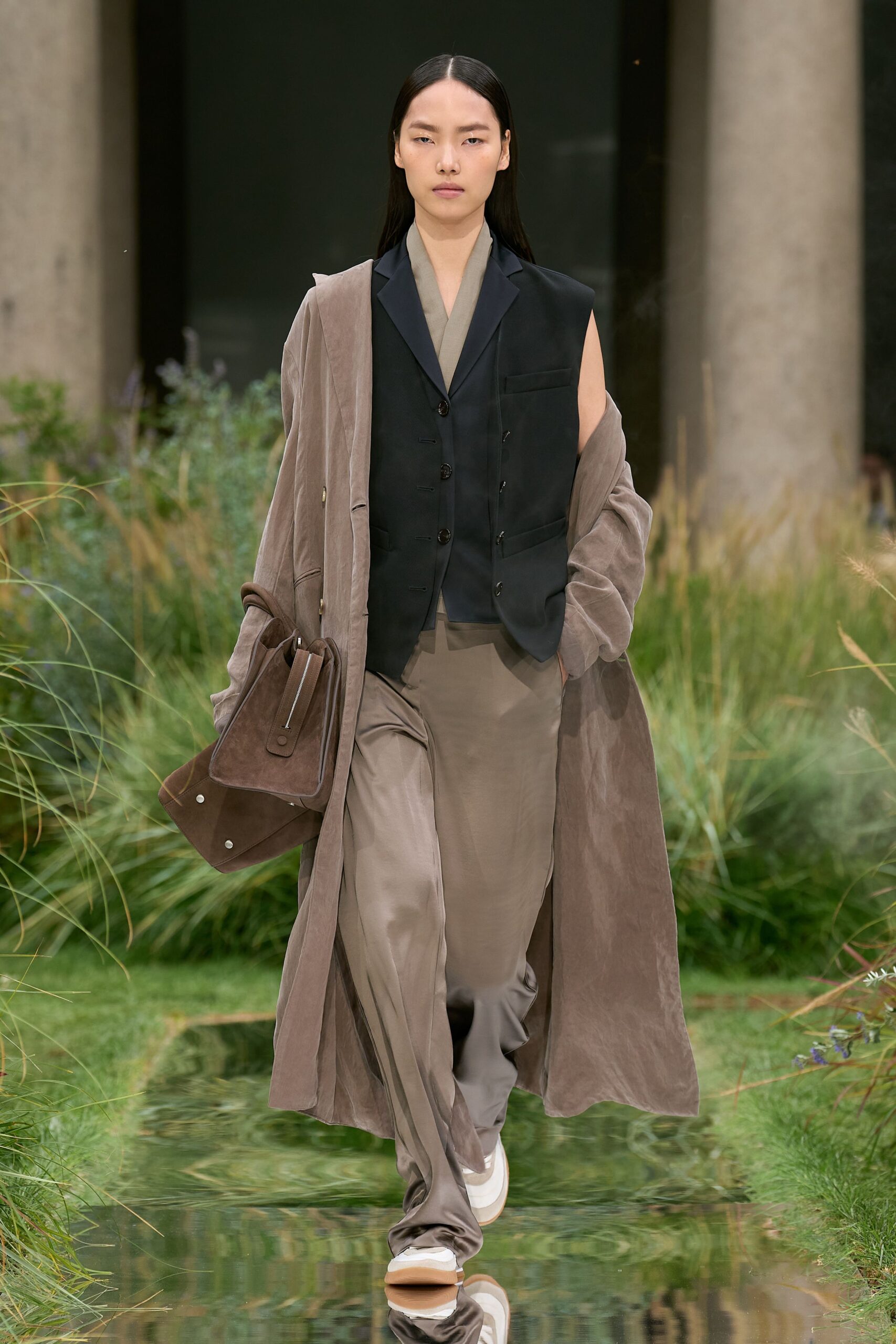 beige suede long-sleeve relaxed draped coat