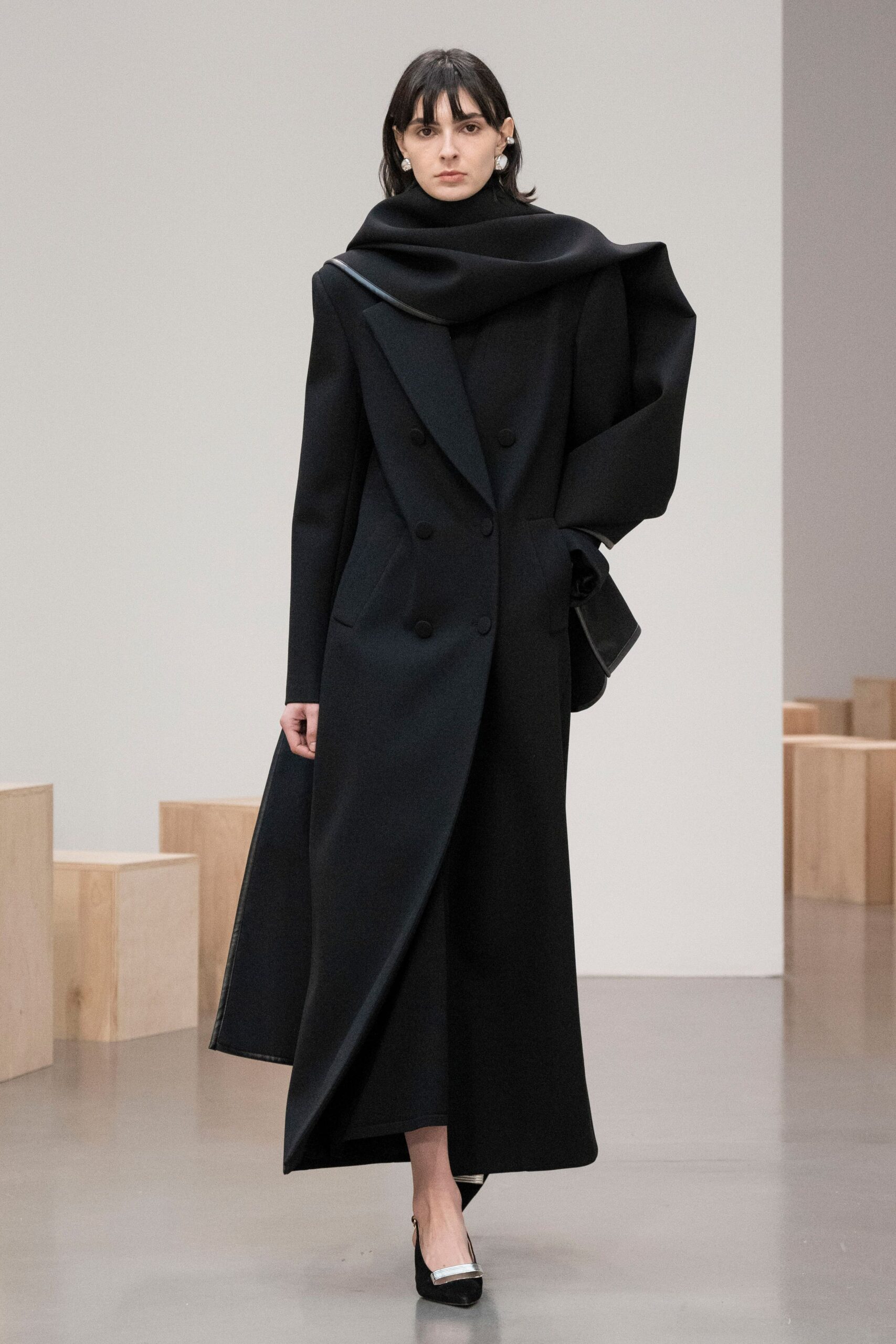 black wool long-sleeve collared fitted draped maxi coat