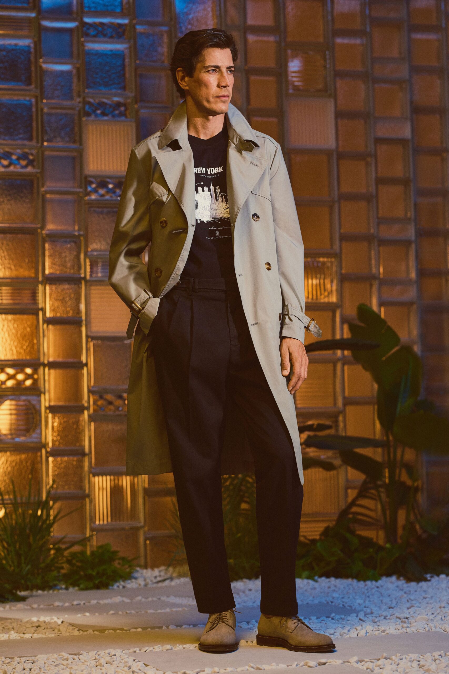 beige cotton long-sleeve collared relaxed buttoned trench