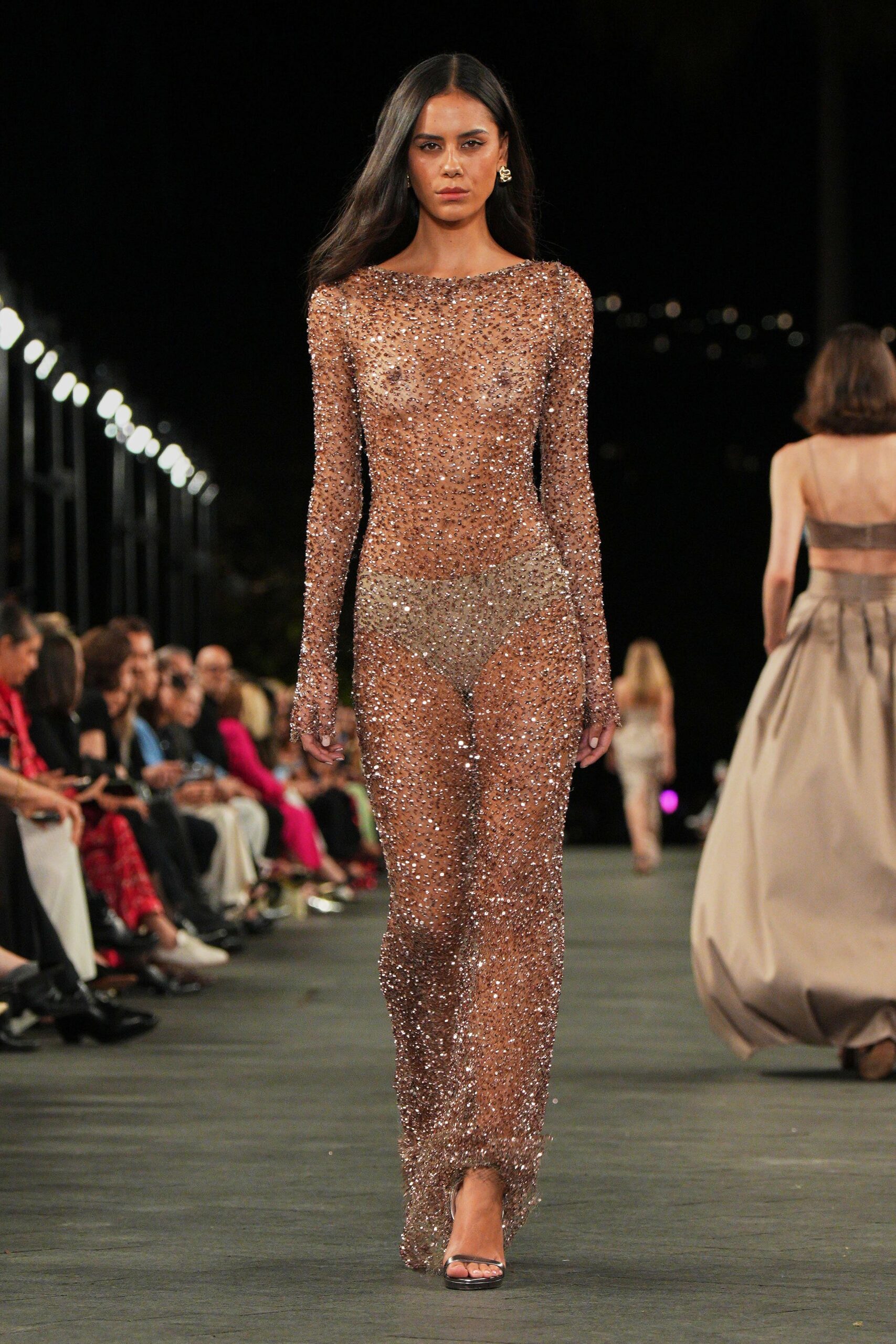 brown sequined sheer gown