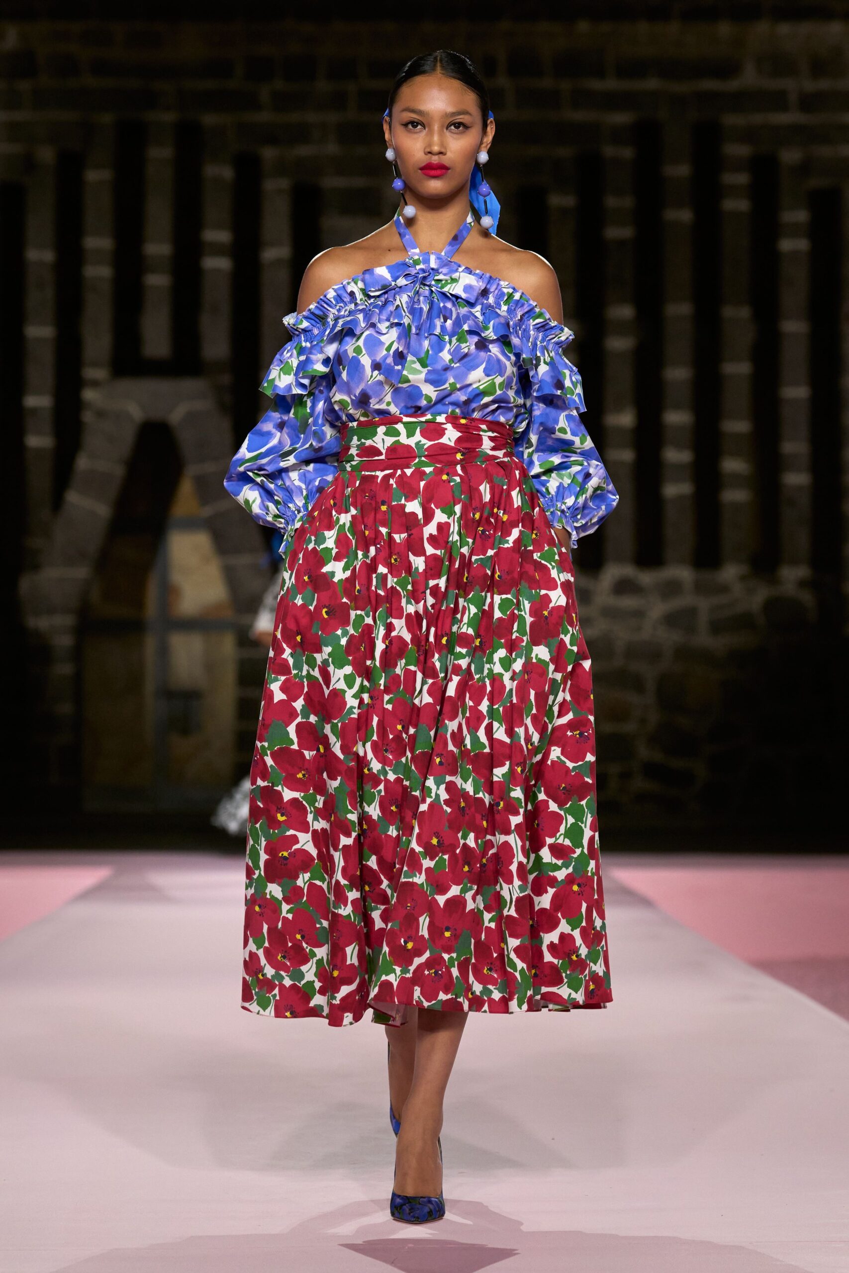 floral off-shoulder top and midi skirt