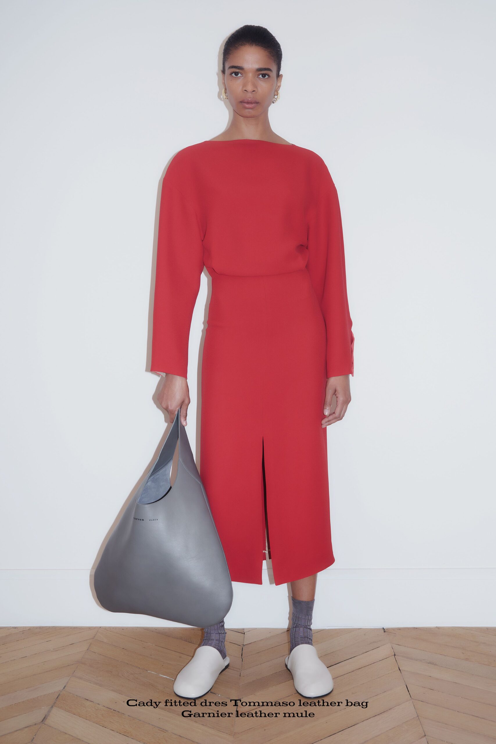 red leather long-sleeve high-neck fitted midi dress