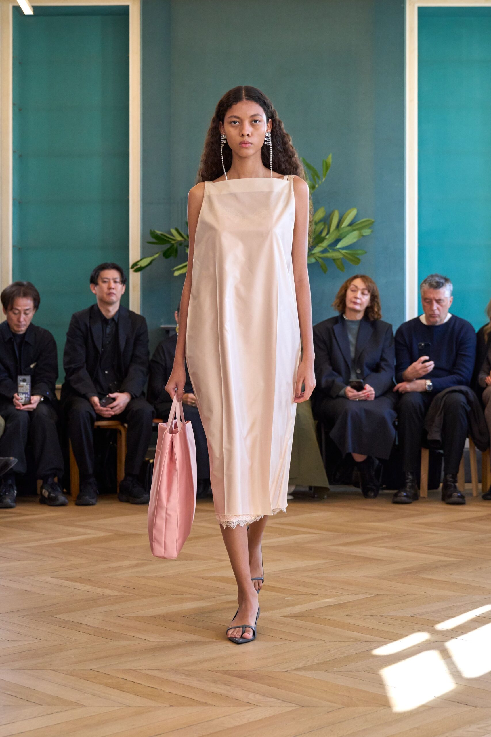 pink silk sleeveless square-neck relaxed straight-leg midi dress