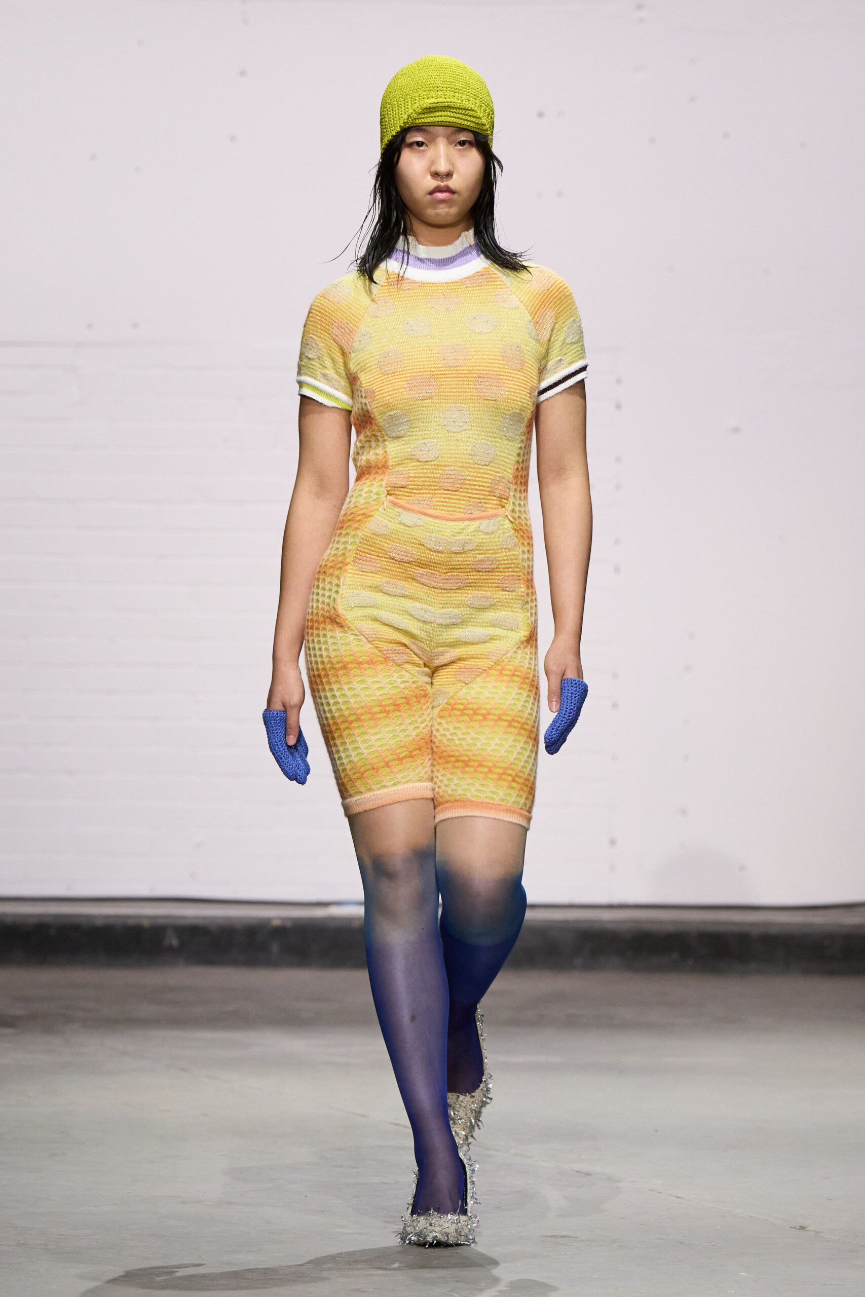 yellow orange fitted romper with gloves