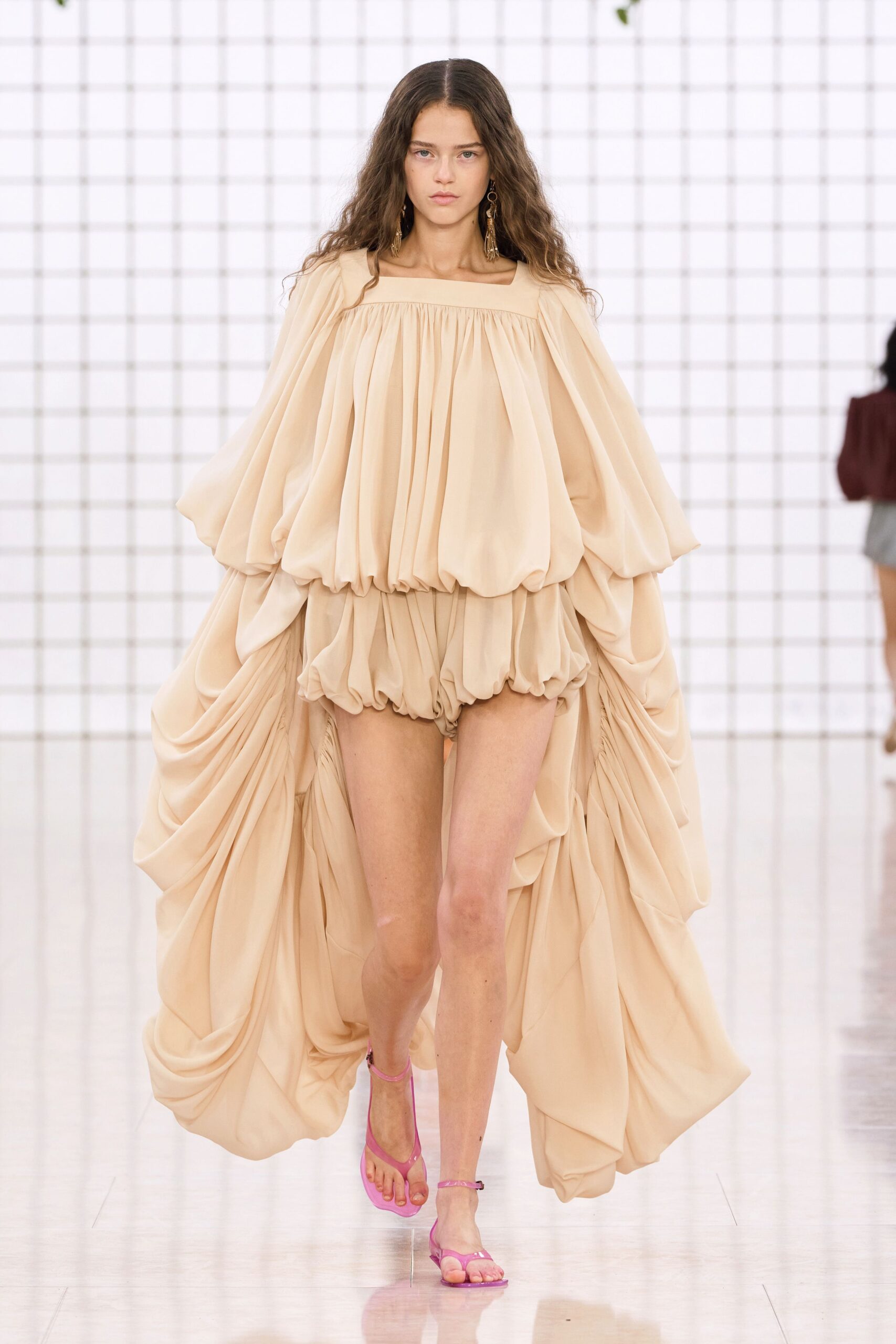 beige silk sleeveless off-shoulder relaxed draped layered dress