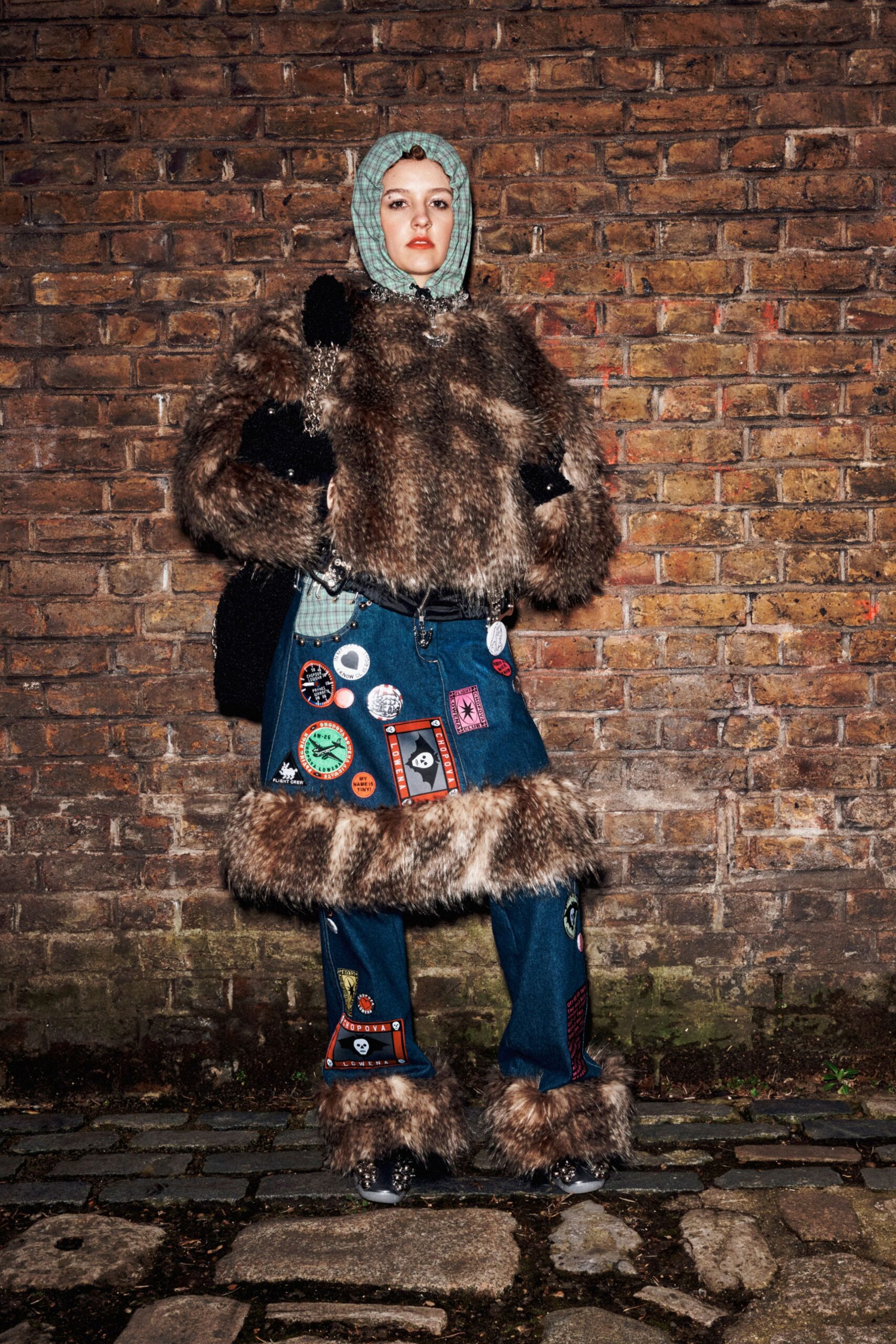brown fur coat with denim pants
