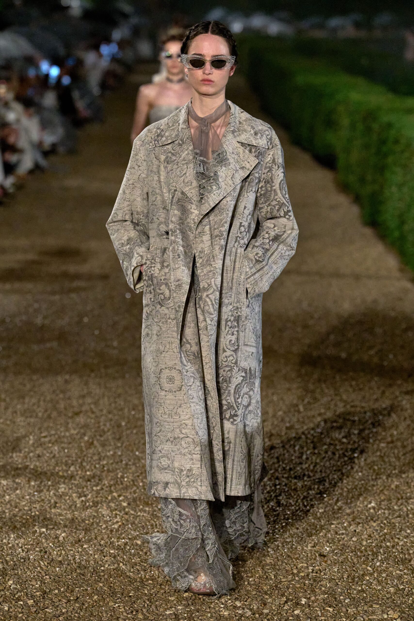 beige silk long-sleeve collared relaxed printed coat