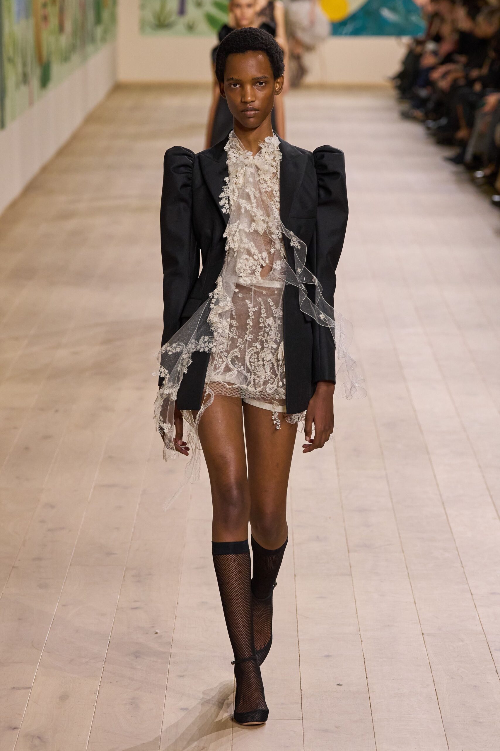black cotton long-sleeve collared structured ruffled embroidered blazer