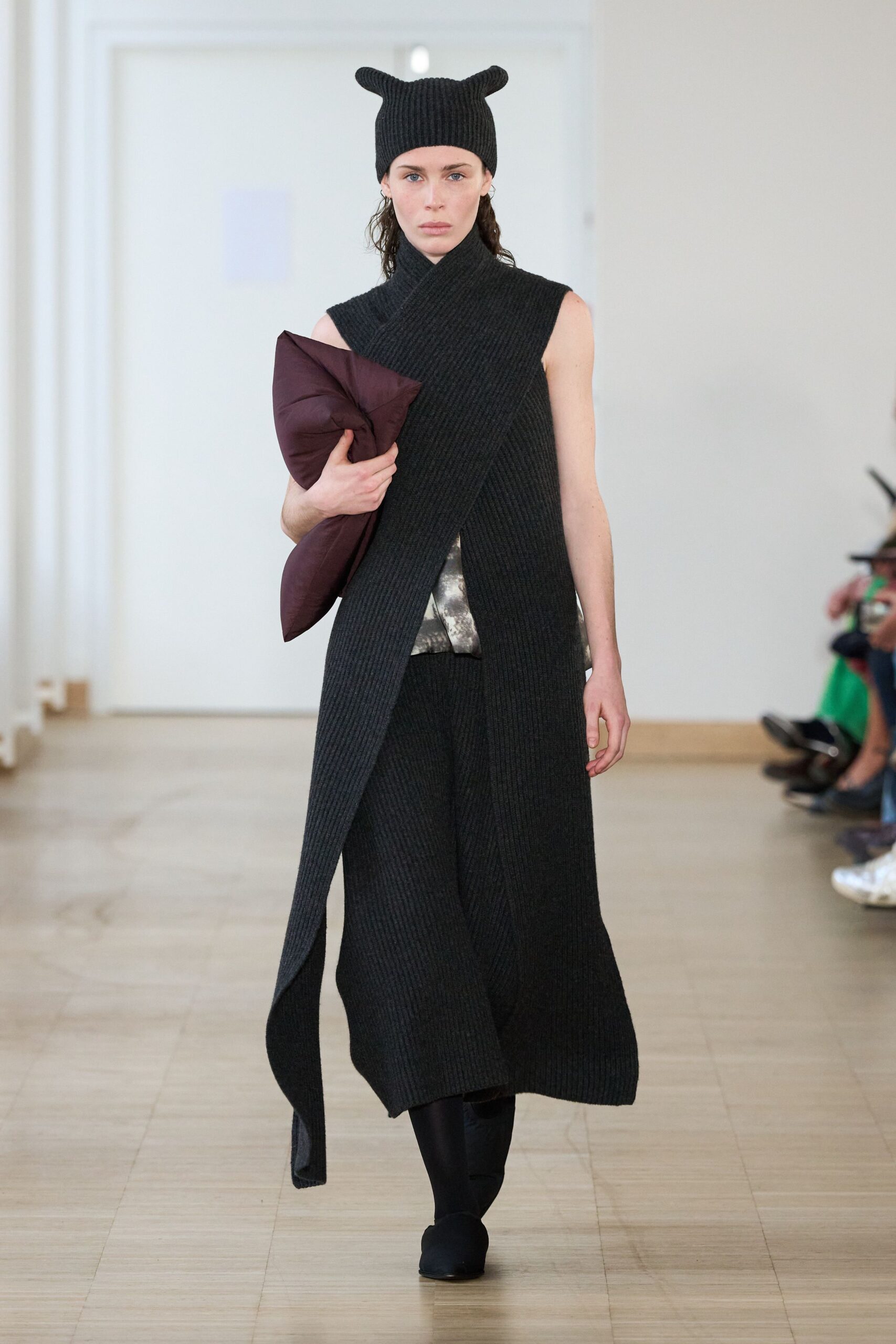 black wool sleeveless v-neck fitted draped maxi dress