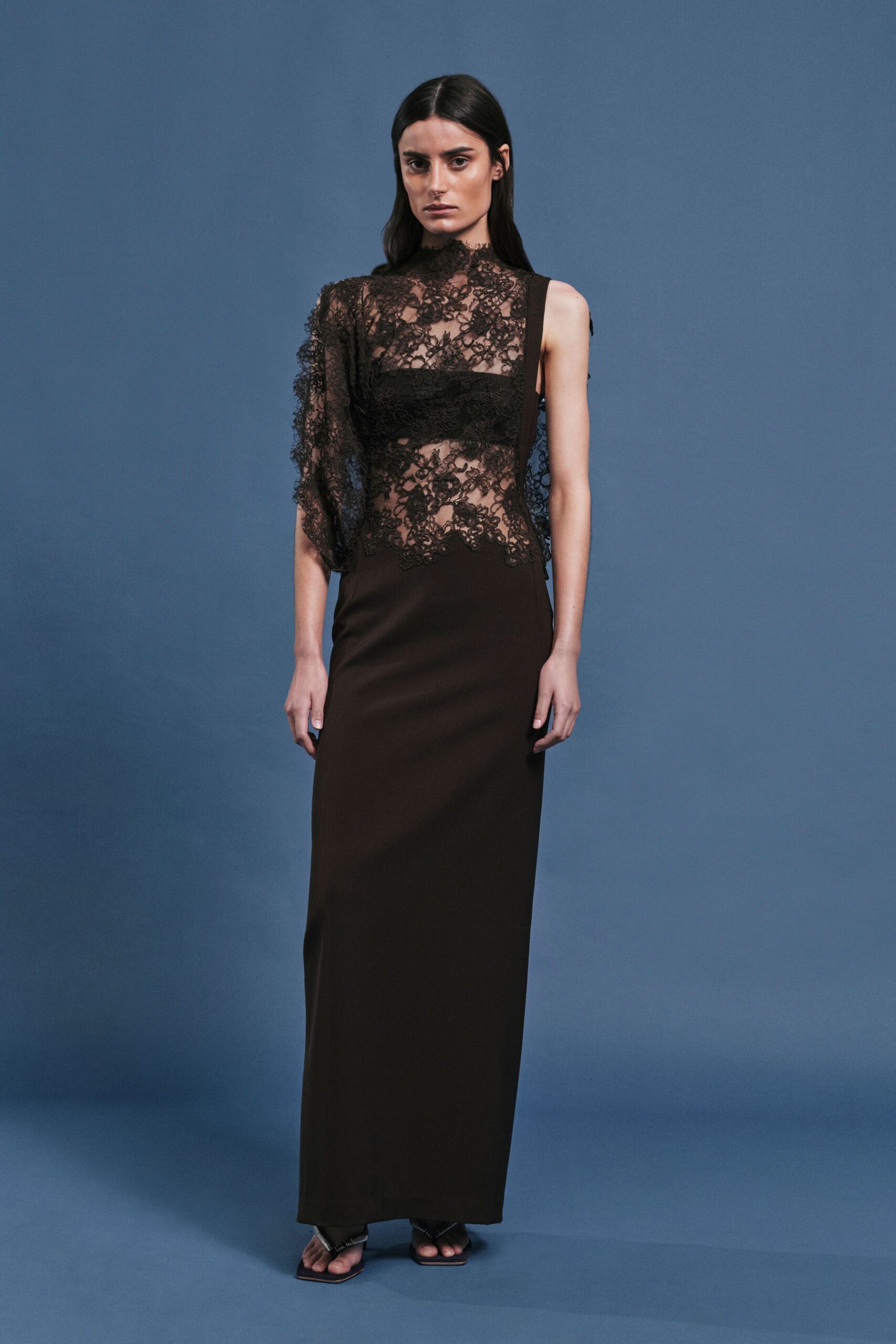 black lace sleeveless high-neck fitted embroidered maxi gown