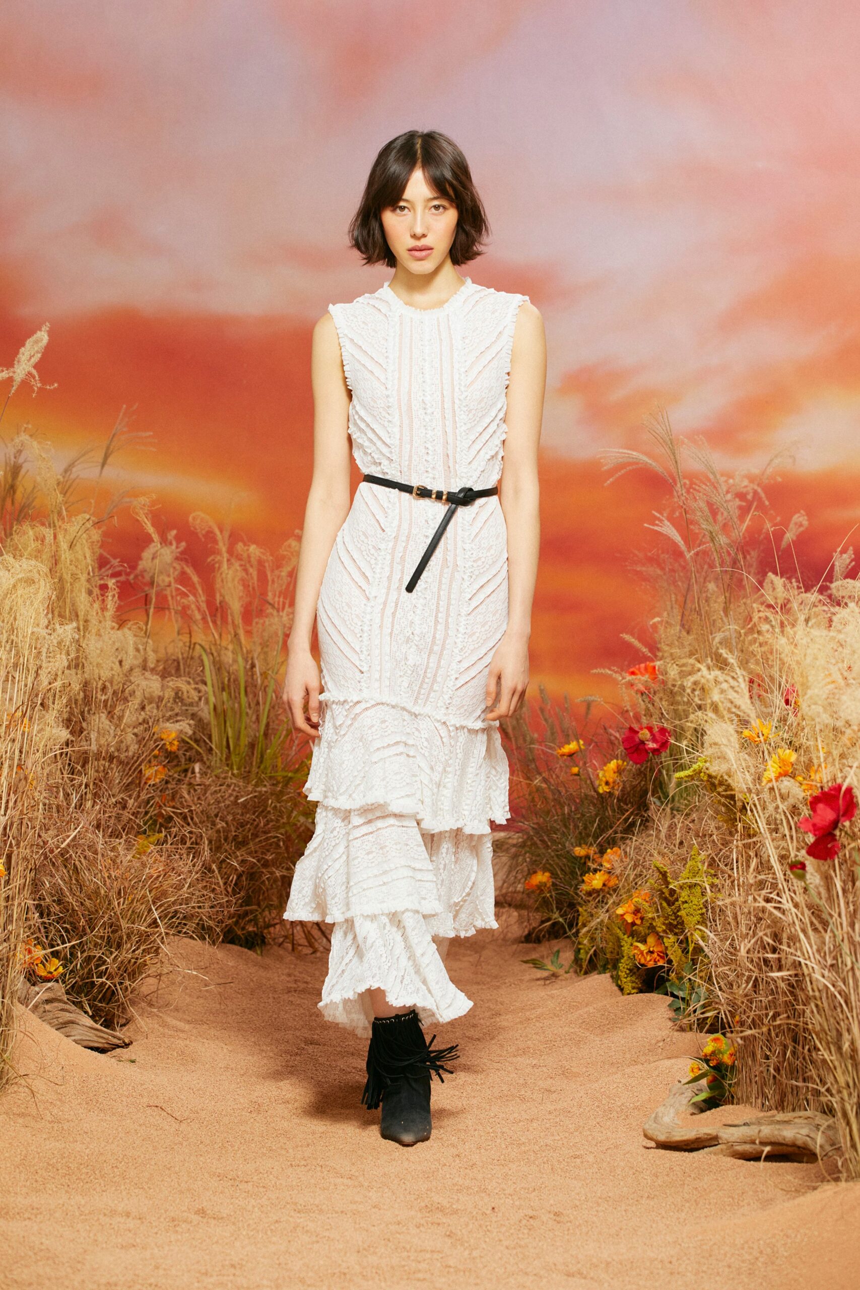 white cotton sleeveless v-neck fitted ruffled tiered dress