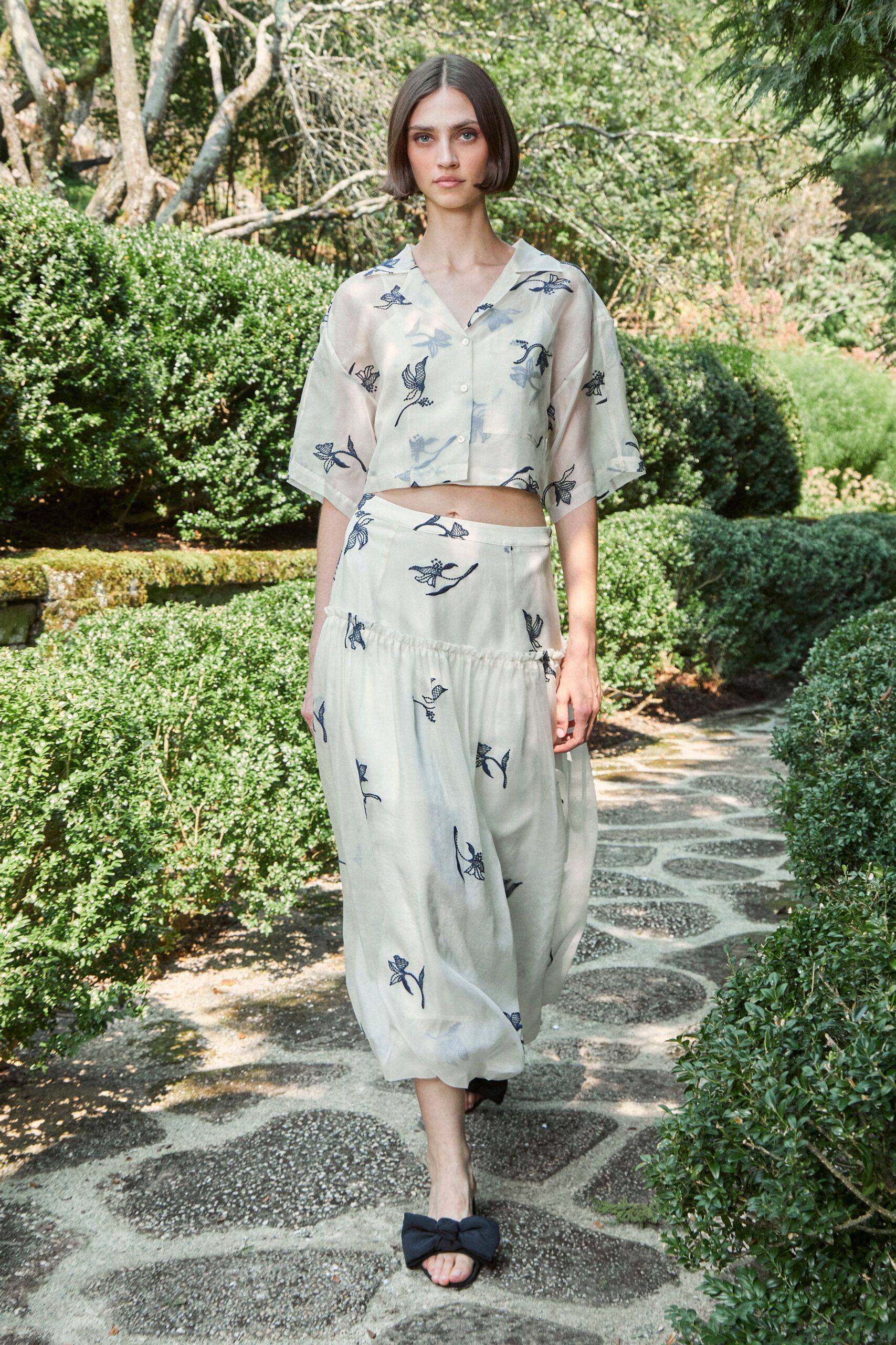 beige silk short-sleeve collared relaxed printed top