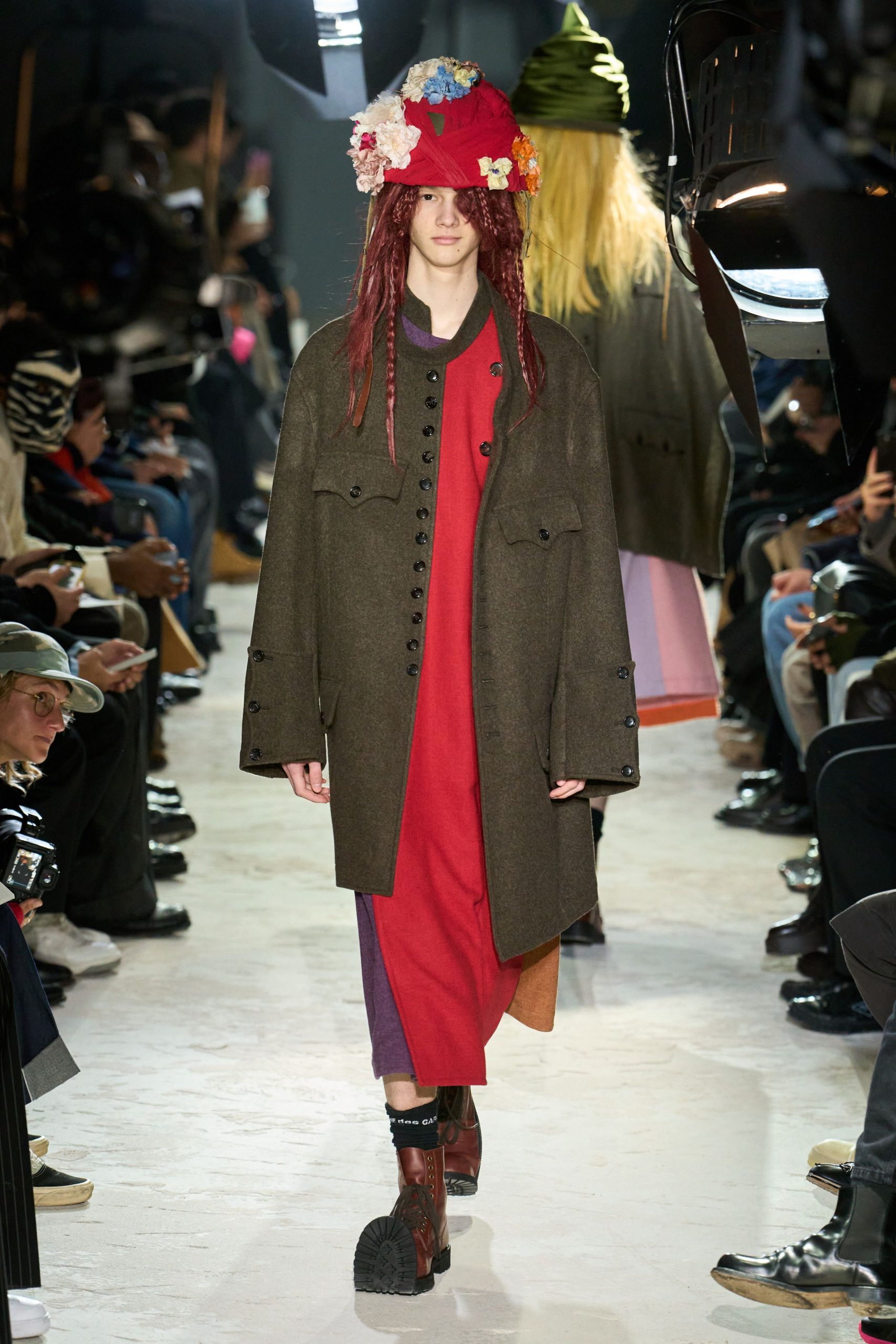 brown wool coat red dress