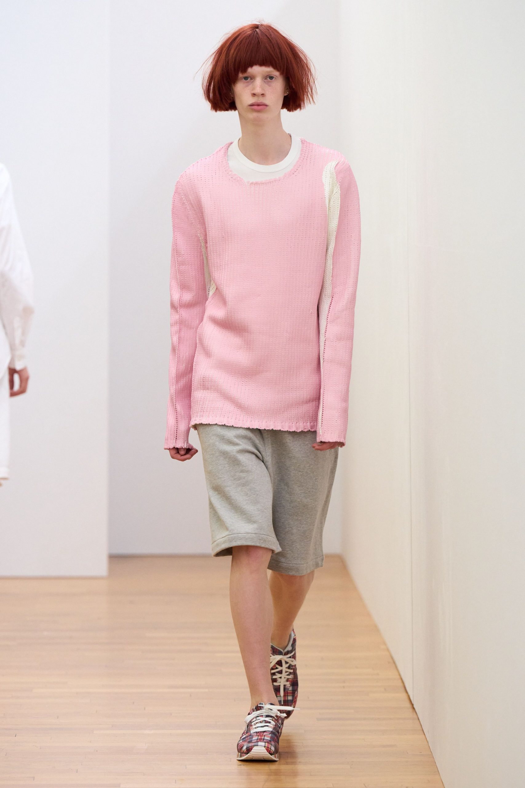 pink cotton long-sleeve collared relaxed ribbed top