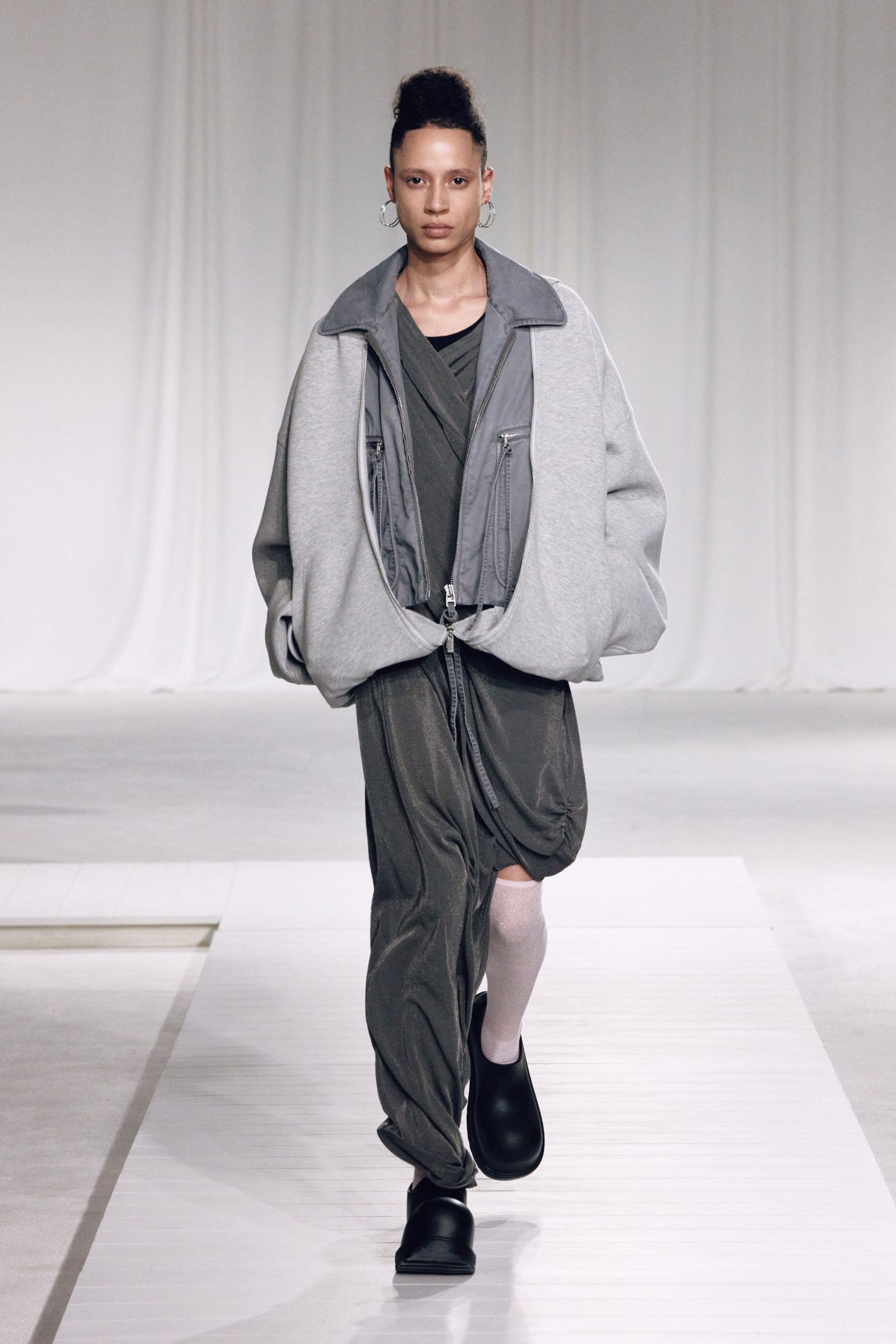 gray oversized jacket green jumpsuit