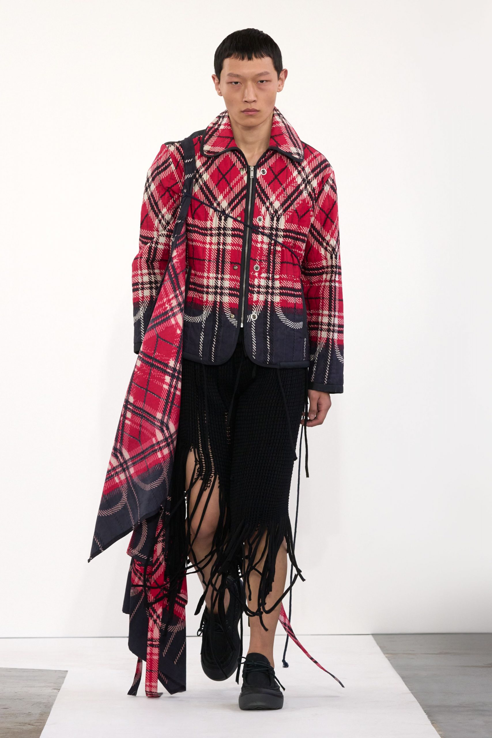 red cotton long-sleeve collared structured checked jacket