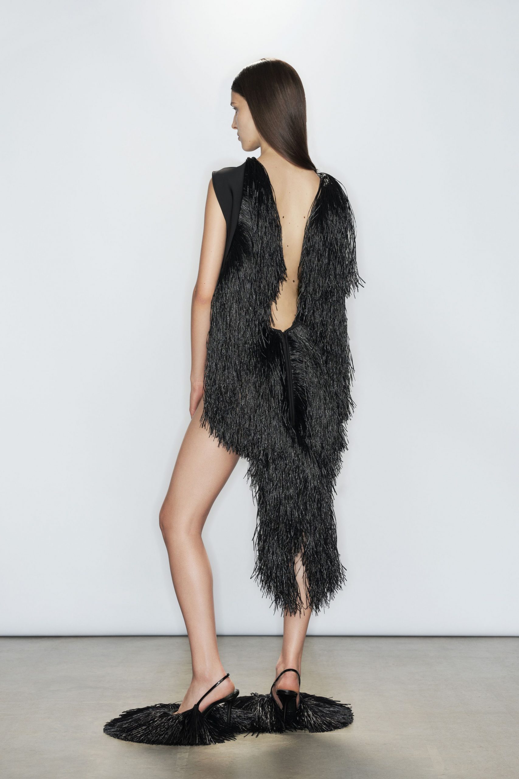 black fringed backless dress