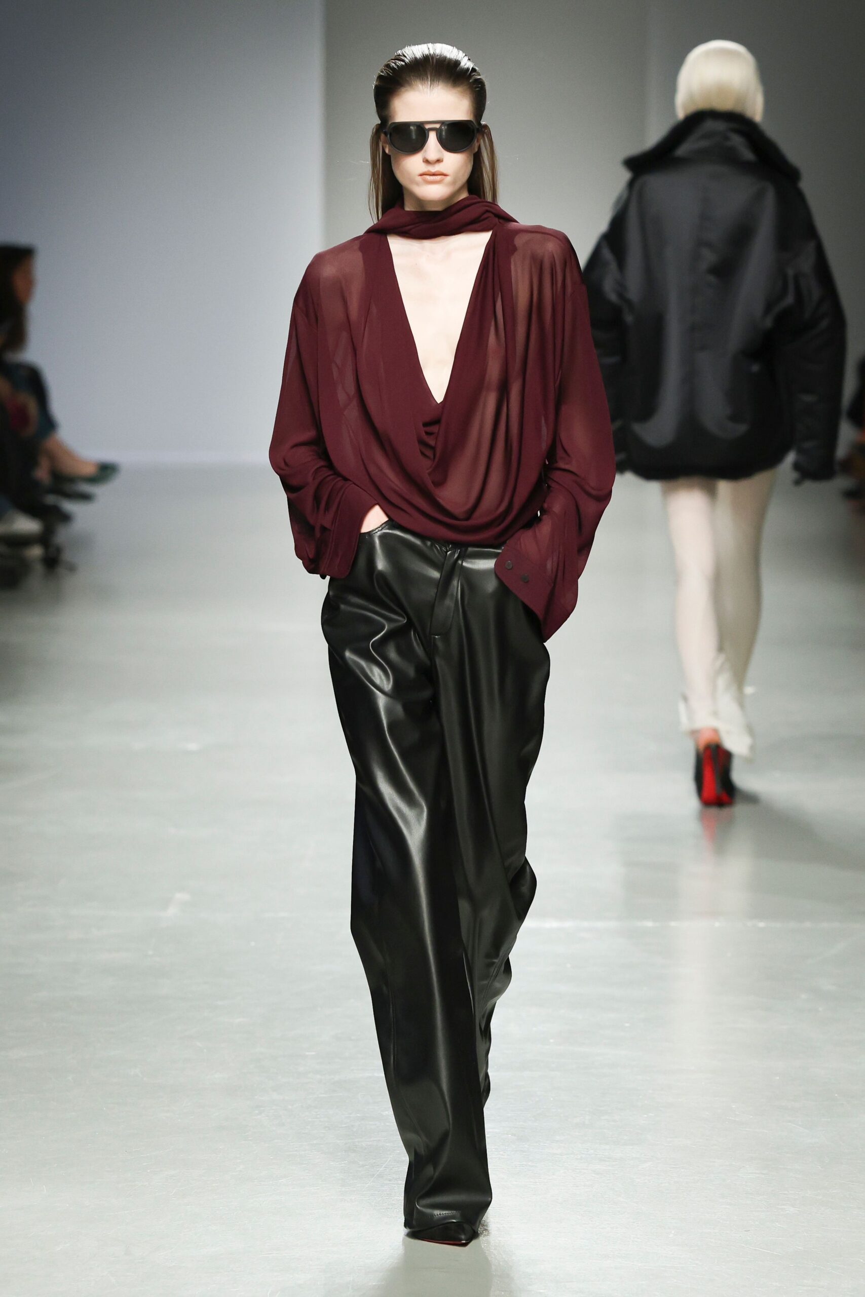 maroon silk long-sleeve v-neck relaxed draped sheer blouse