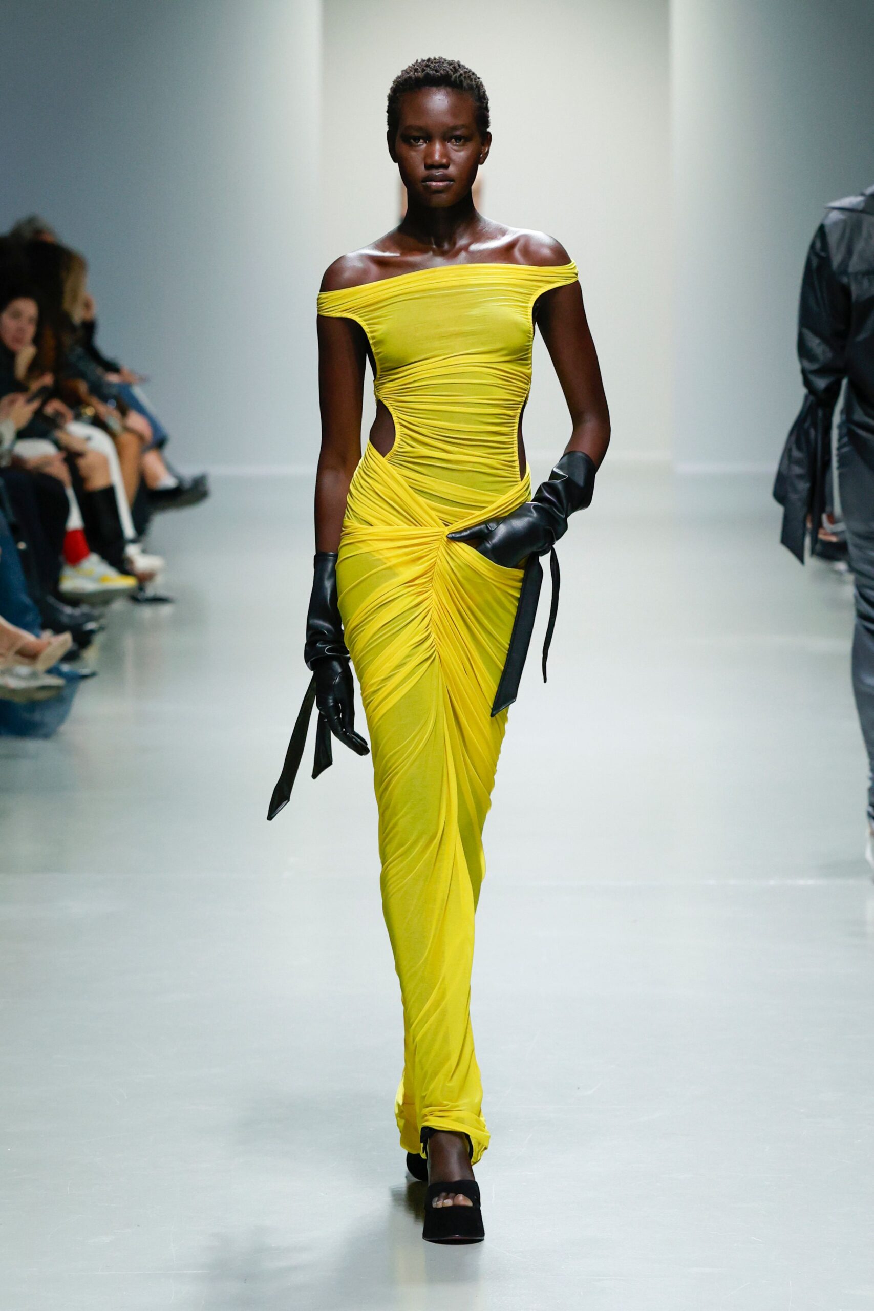 yellow silk off-shoulder cutout fitted ruched flowing gown