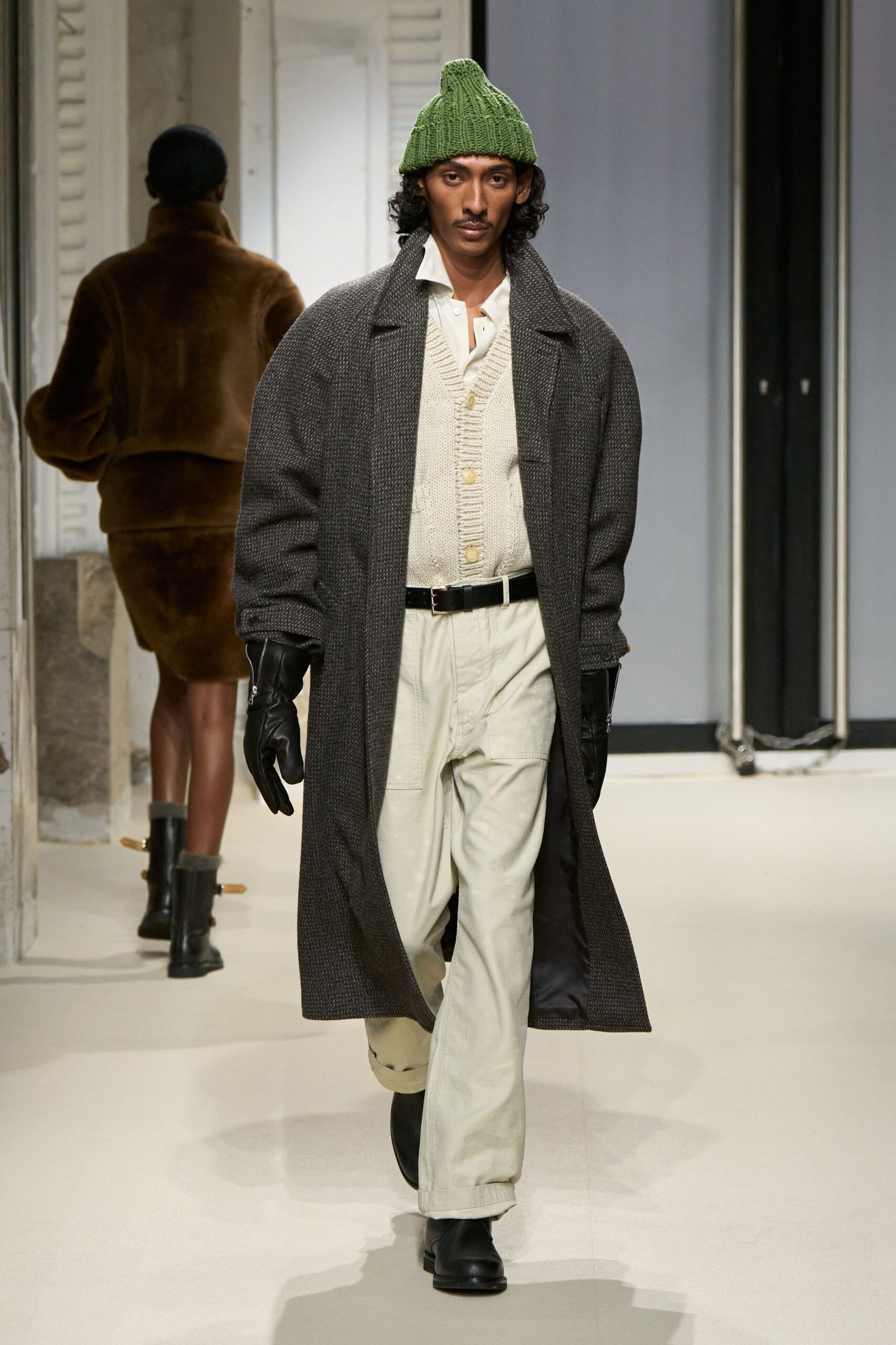 gray wool coat with beige pants