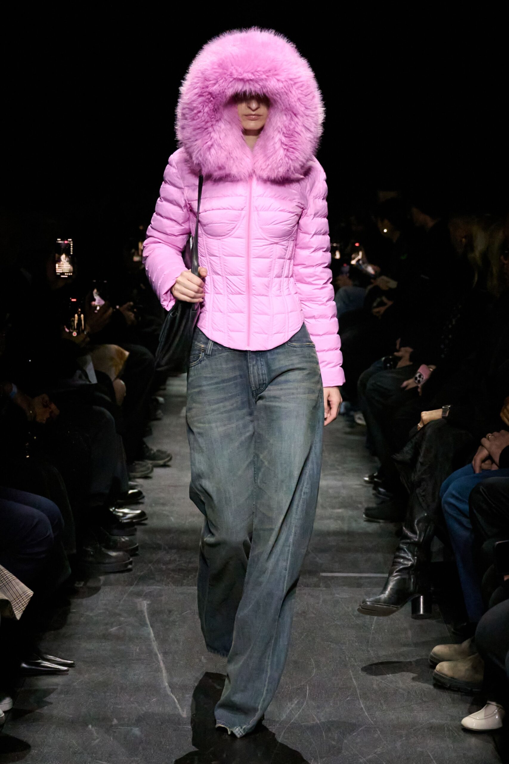 pink fur long-sleeve collared fitted padded jacket