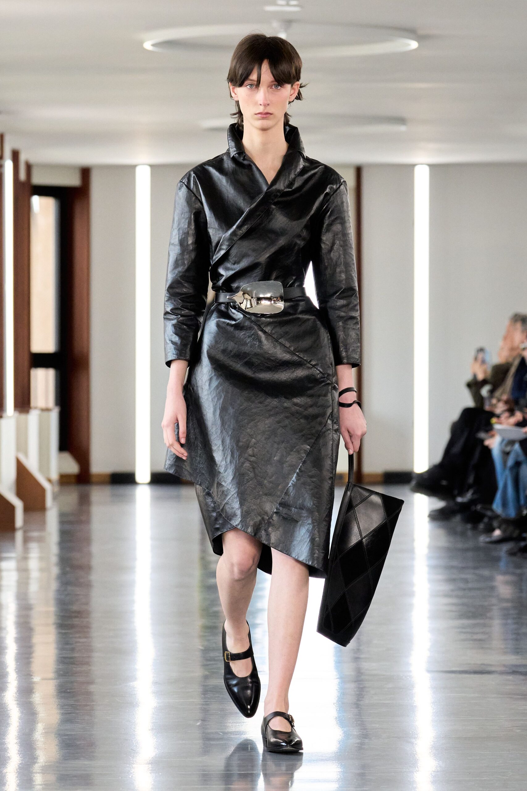 black leather fitted midi dress