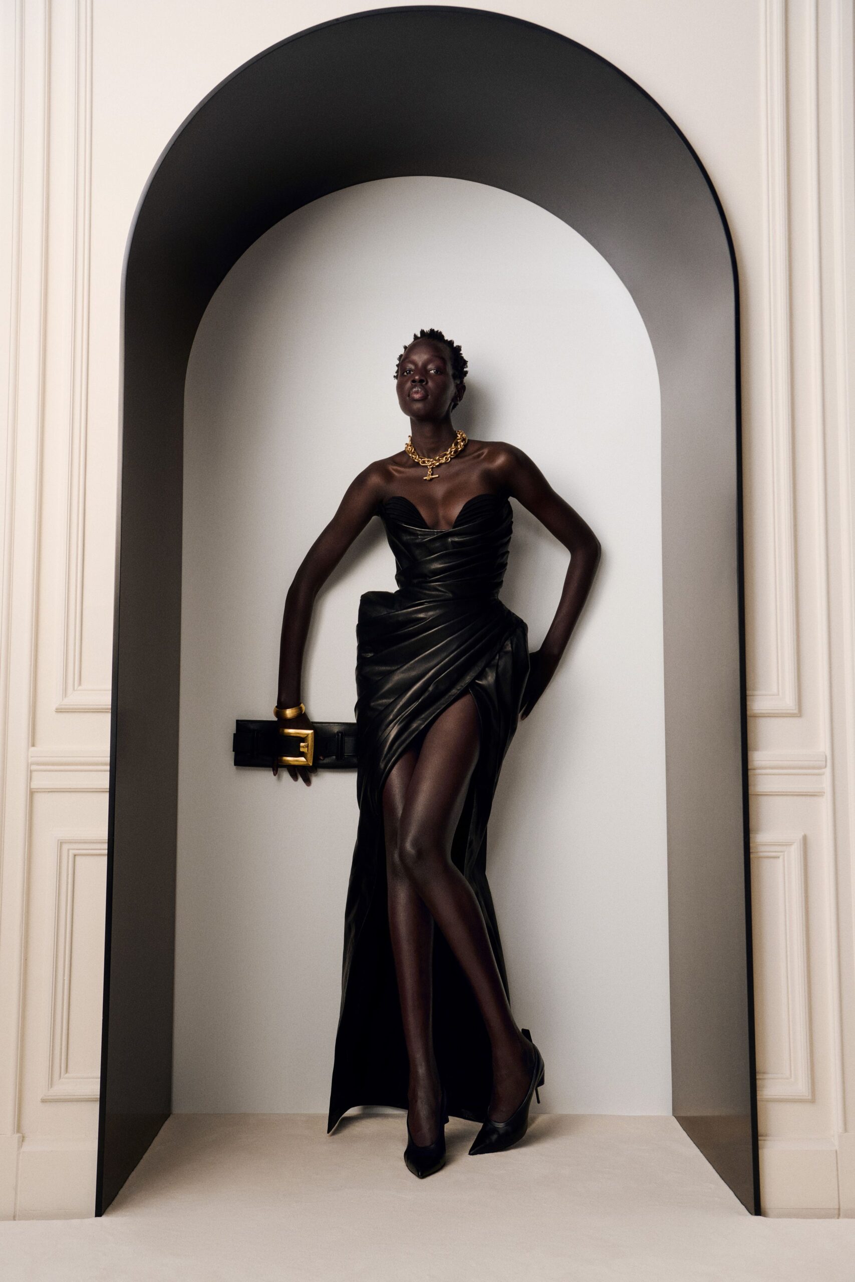 black silk strapless high-neck fitted draped shiny gown