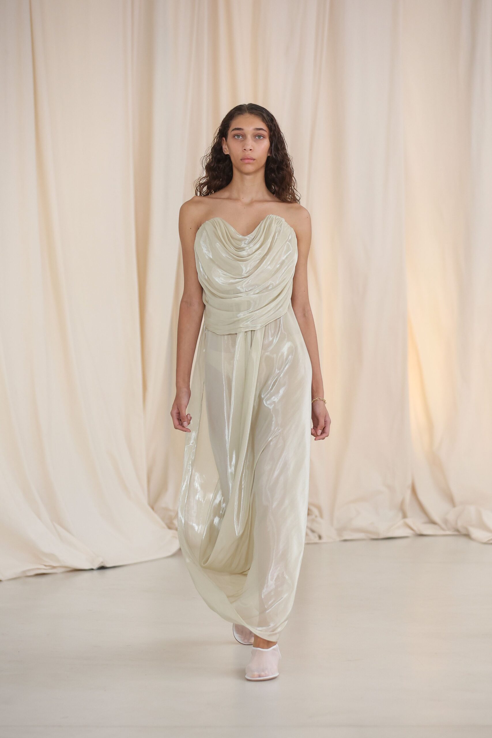 white silk strapless relaxed draped layered gown