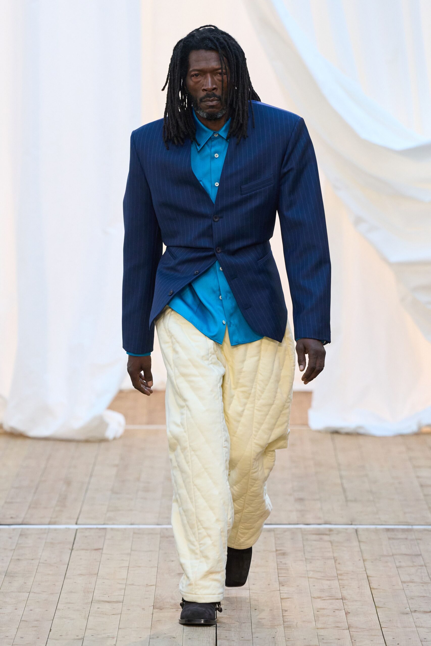 blue striped blazer with relaxed shirt and pants