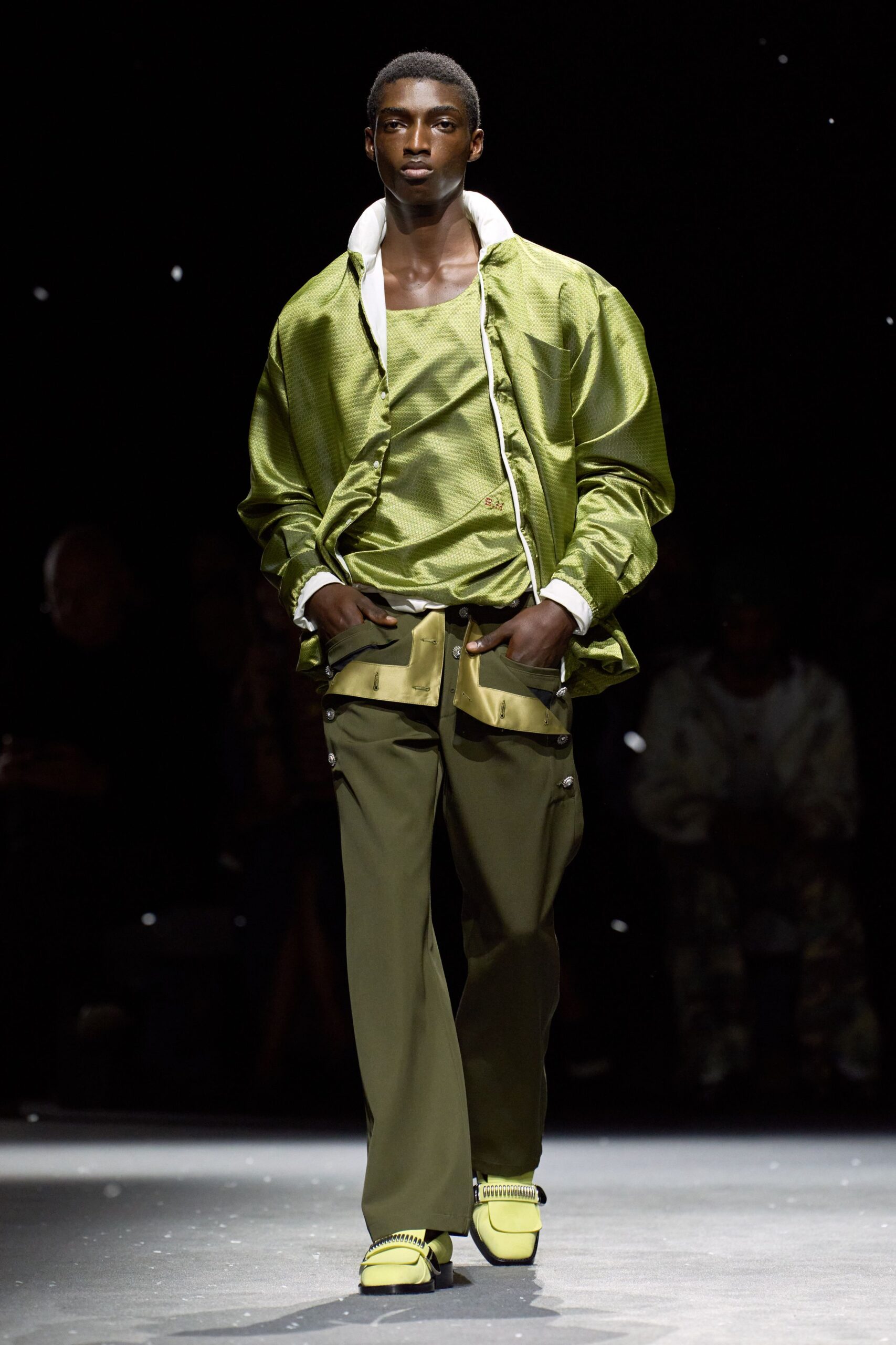 green silk relaxed jacket and pants