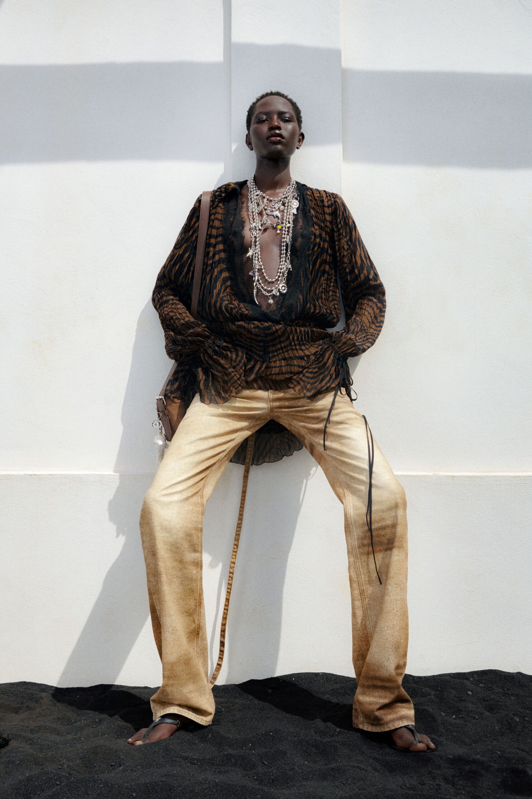 beige cotton slim straight-leg printed textured pants
