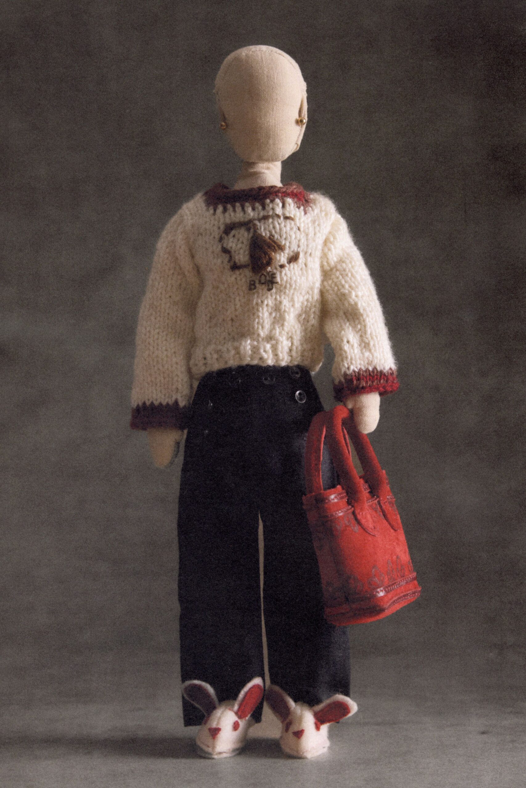 white knit long-sleeve collared oversized printed ribbed sweater