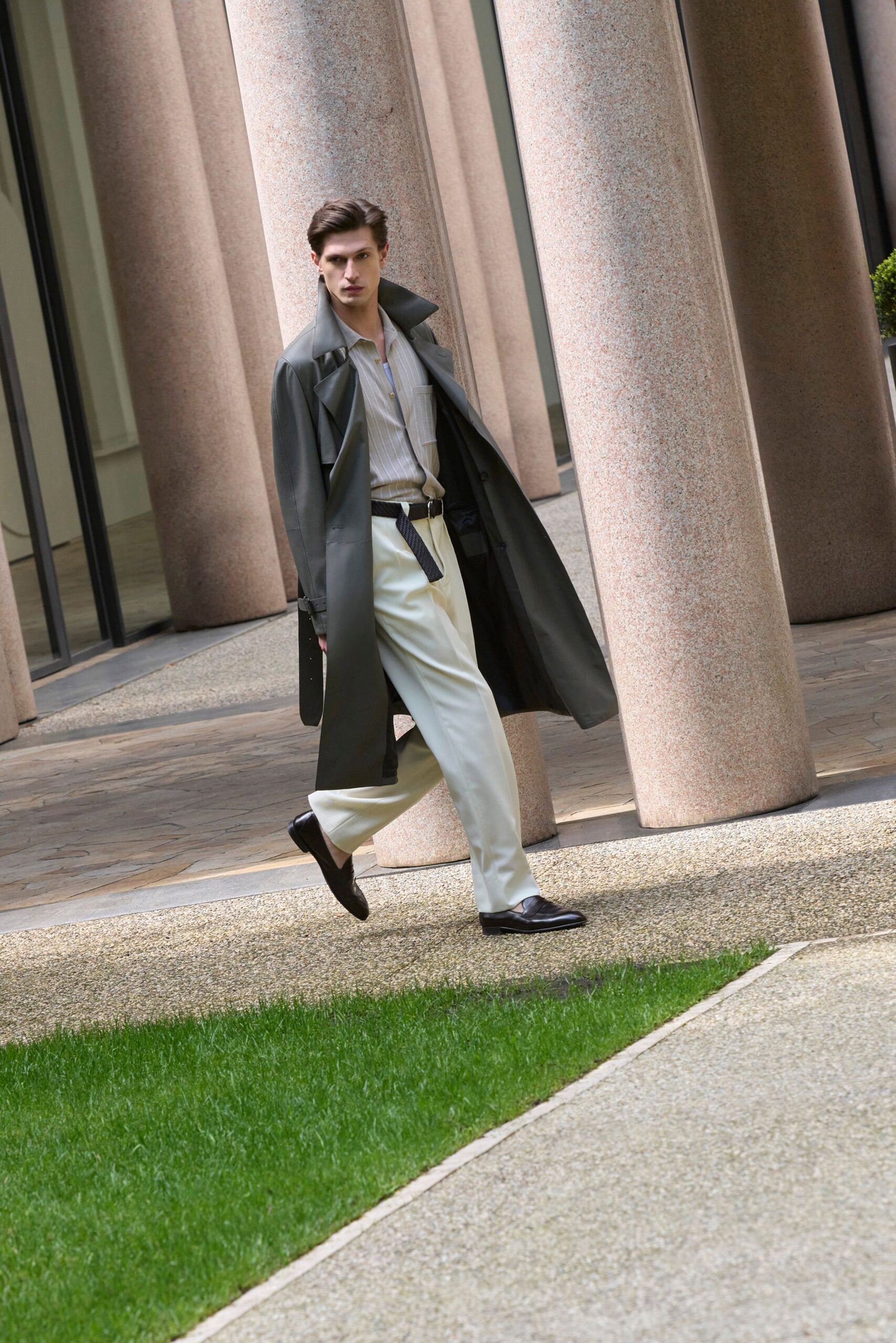 gray trench coat with white shirt